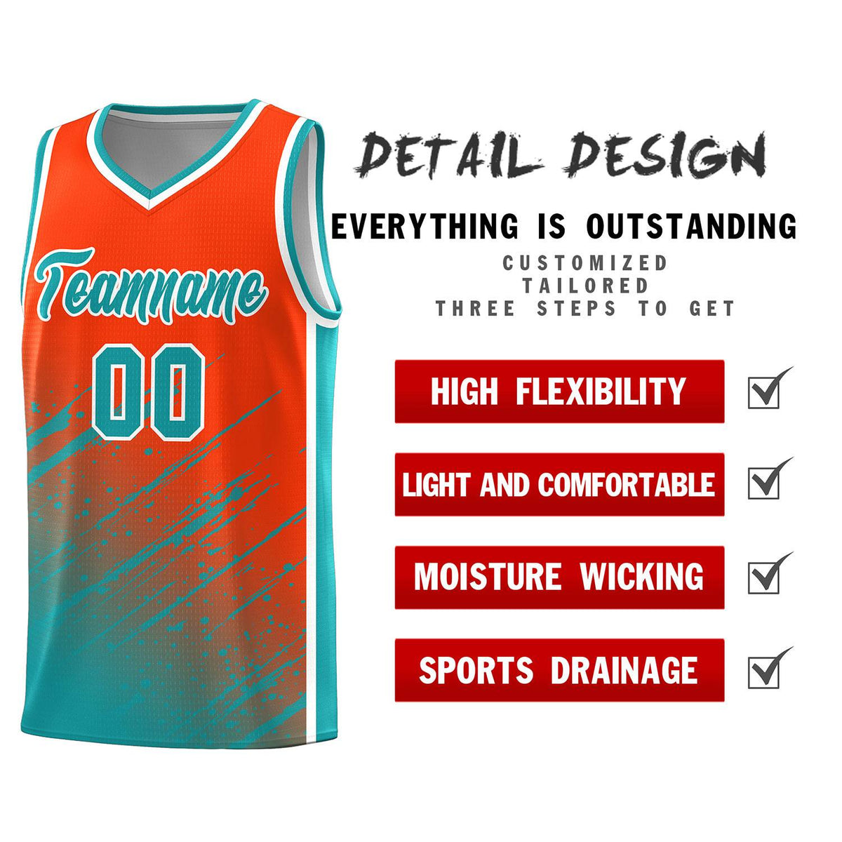 Custom Orange Basketball Kits With Aqua Paint Graffiti