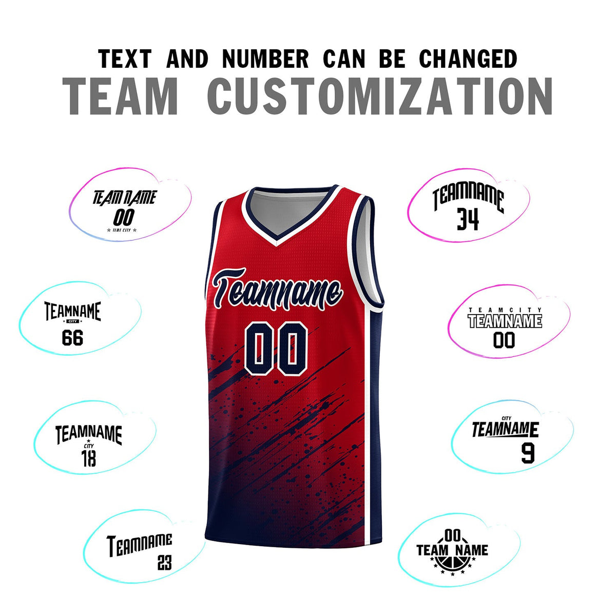 Custom Red Basketball Kits With Navy Paint Graffiti