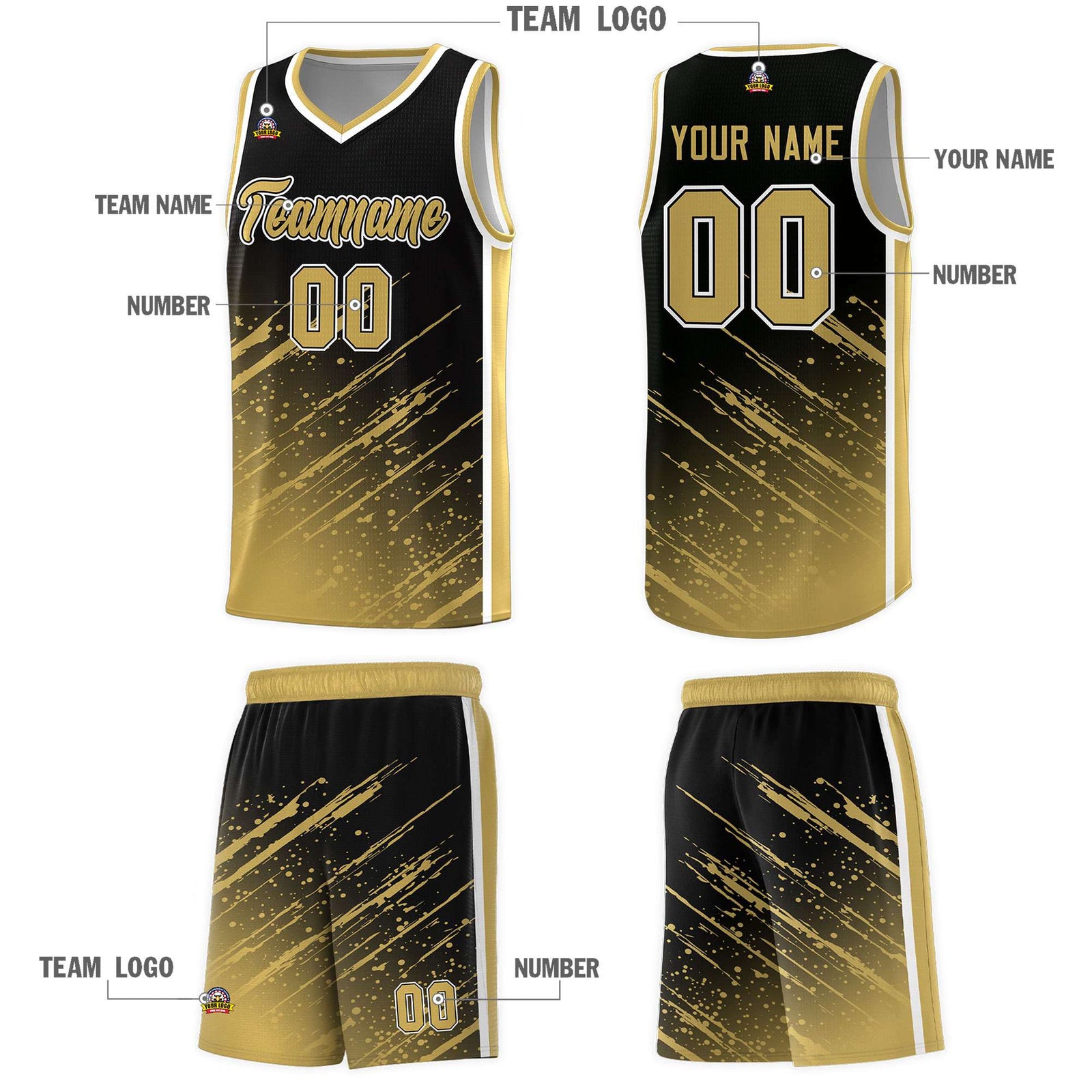 Custom Black Basketball Kits With Old Gold Paint Graffiti
