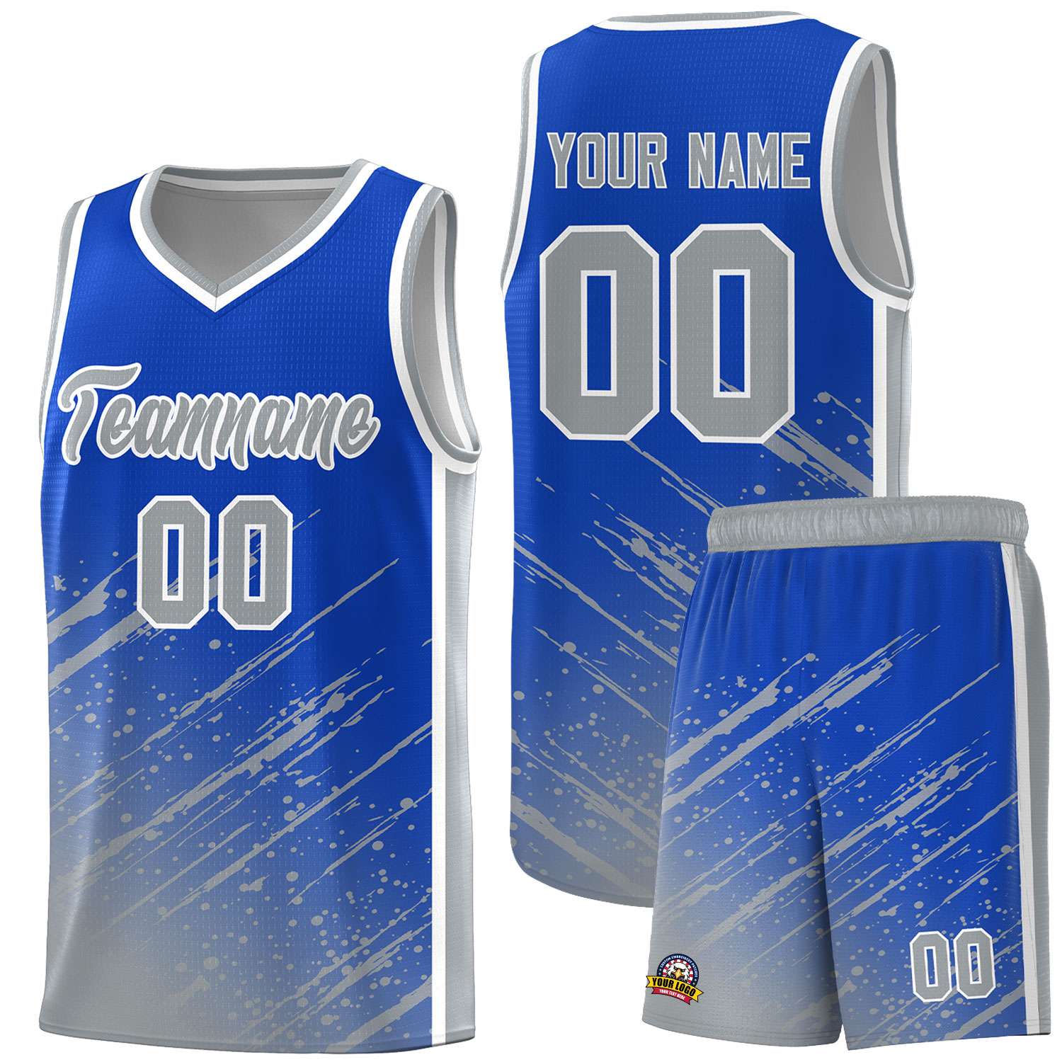 Custom Royal Basketball Kits With Gray Paint Graffiti