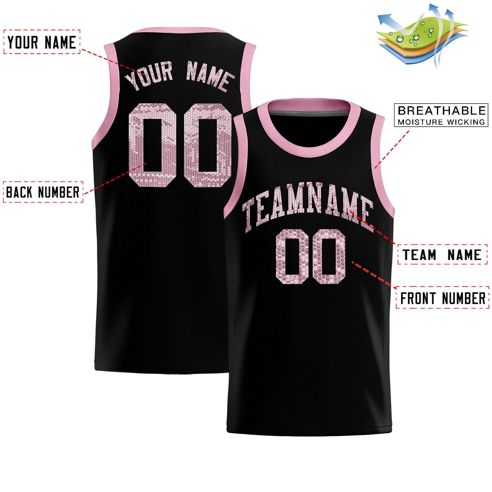 Custom Black Sequined Tops Athletic Basketball Jersey