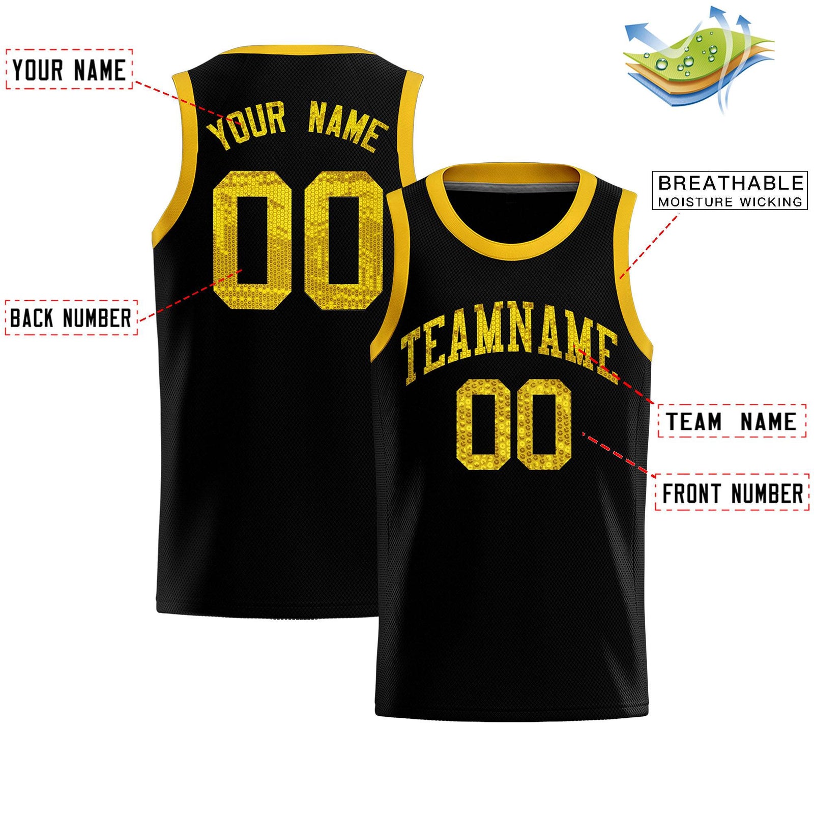 Custom Black Sequined Tops Athletic Basketball Jersey