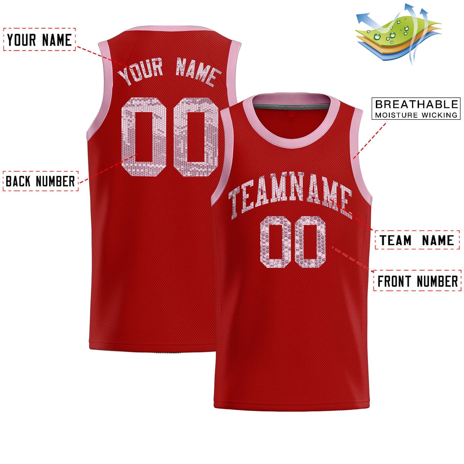 Custom Red Sequined Tops Athletic Basketball Jersey