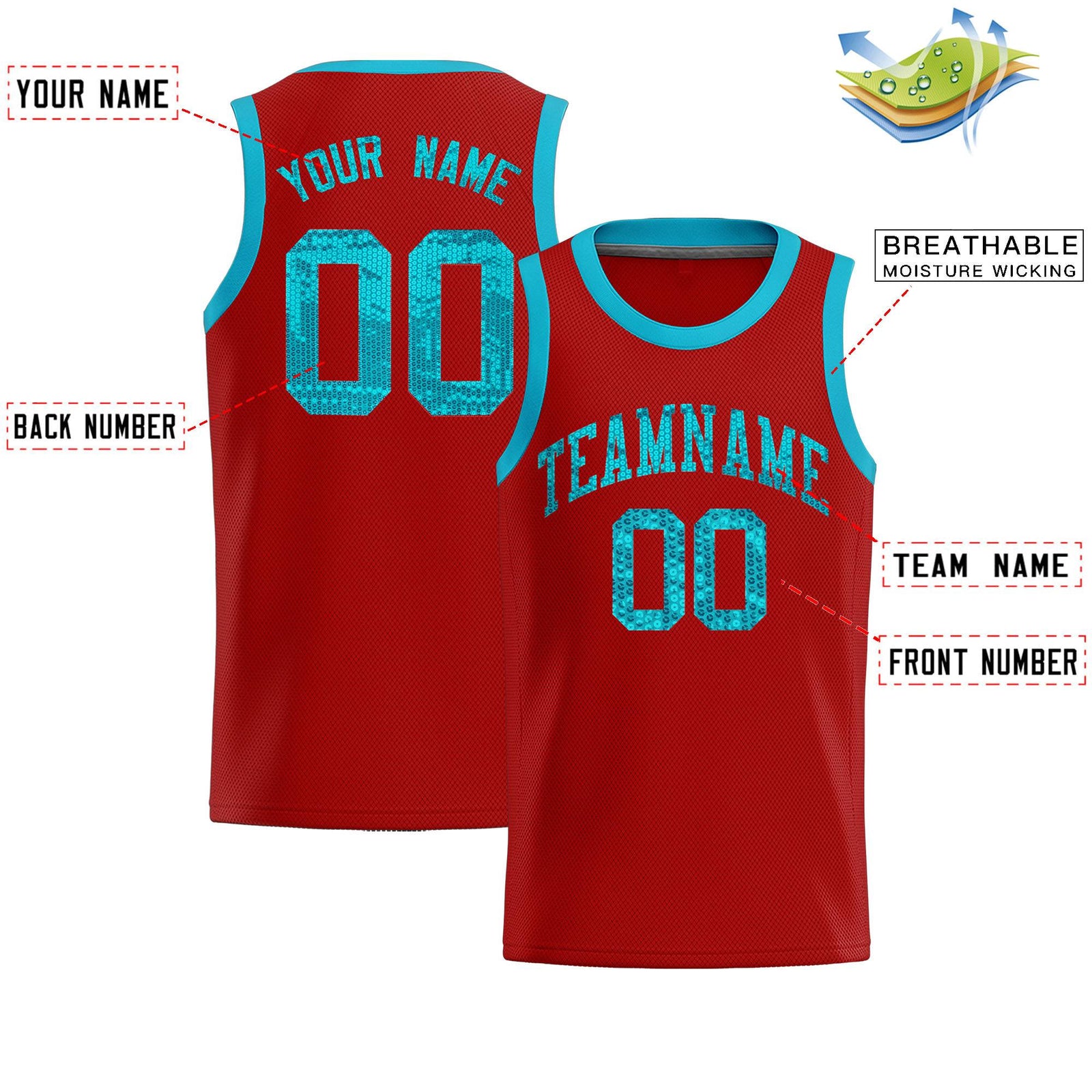 Custom Red Sequined Tops Athletic Basketball Jersey