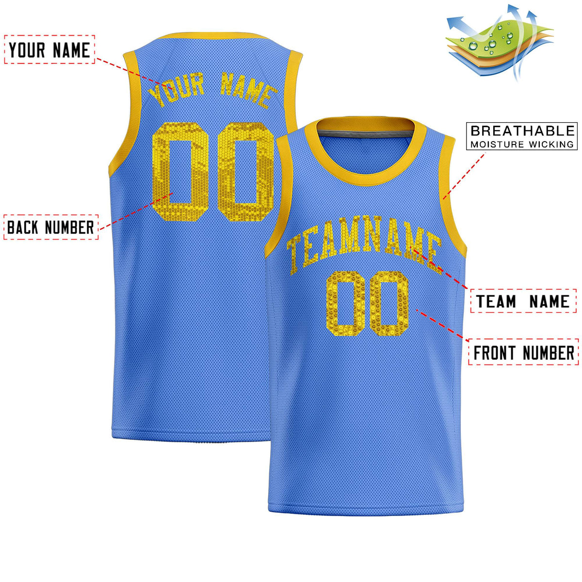 Custom Light Blue Sequined Tops Athletic Basketball Jersey