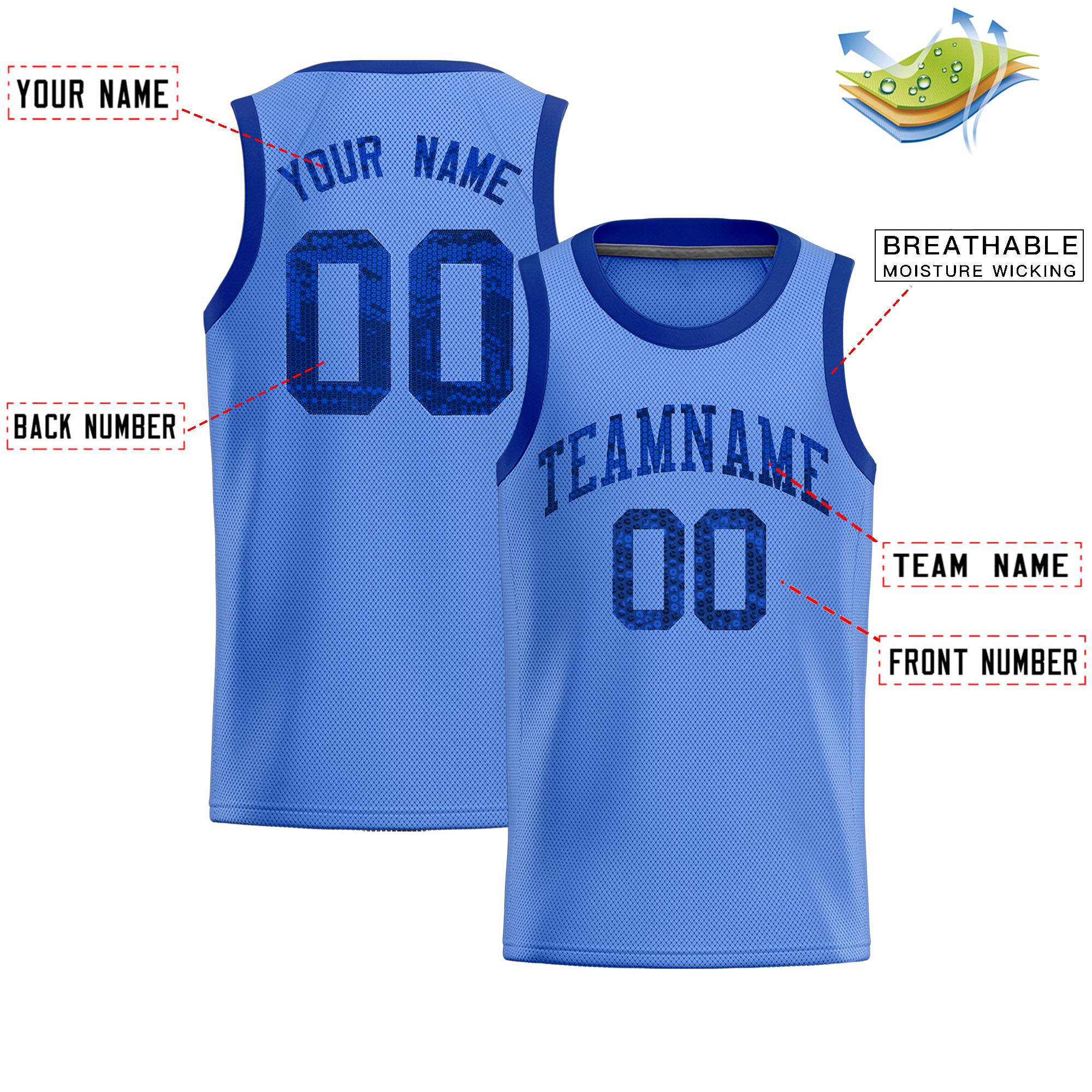 Custom Light Blue Sequined Tops Athletic Basketball Jersey