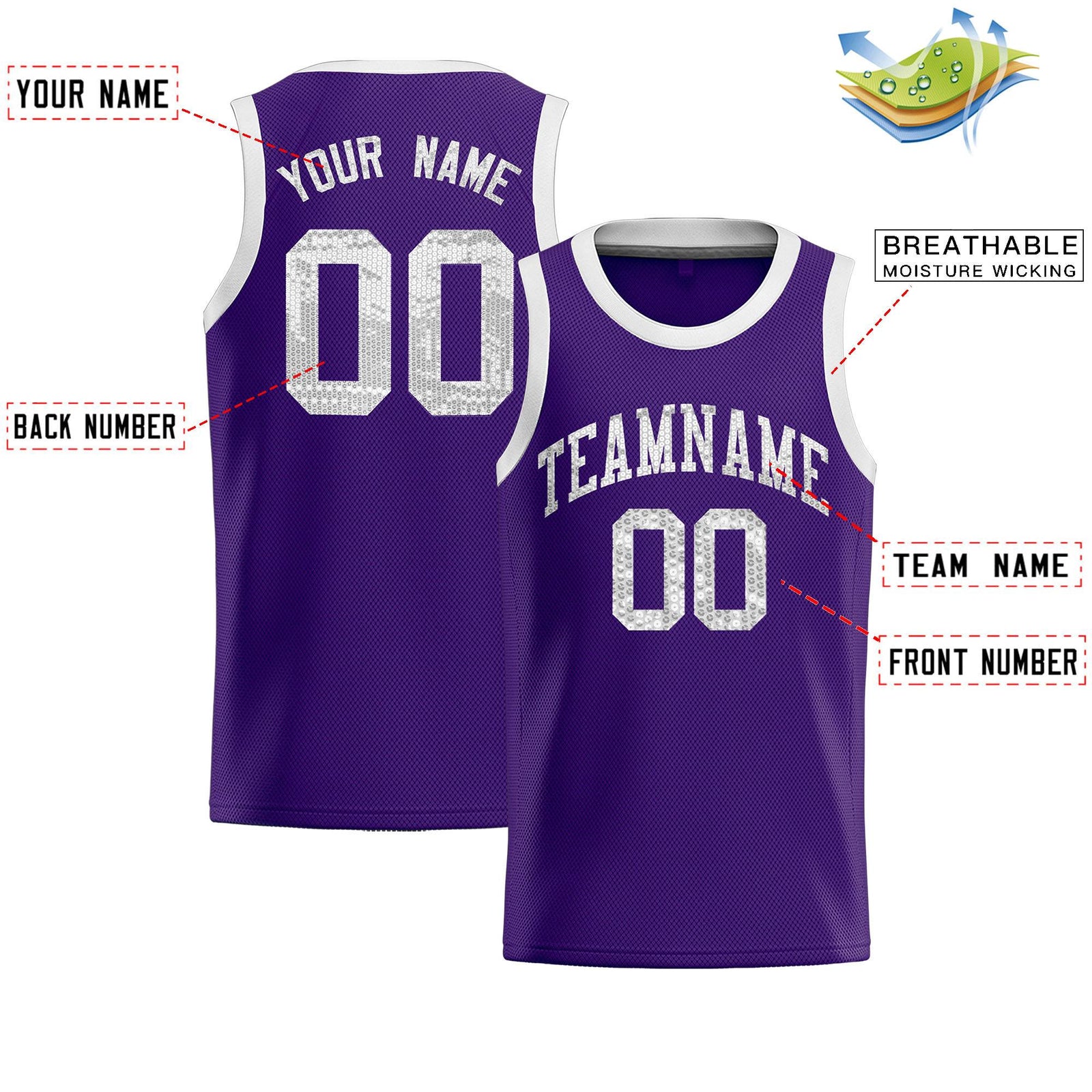 Custom Purple Sequined Tops Athletic Basketball Jersey
