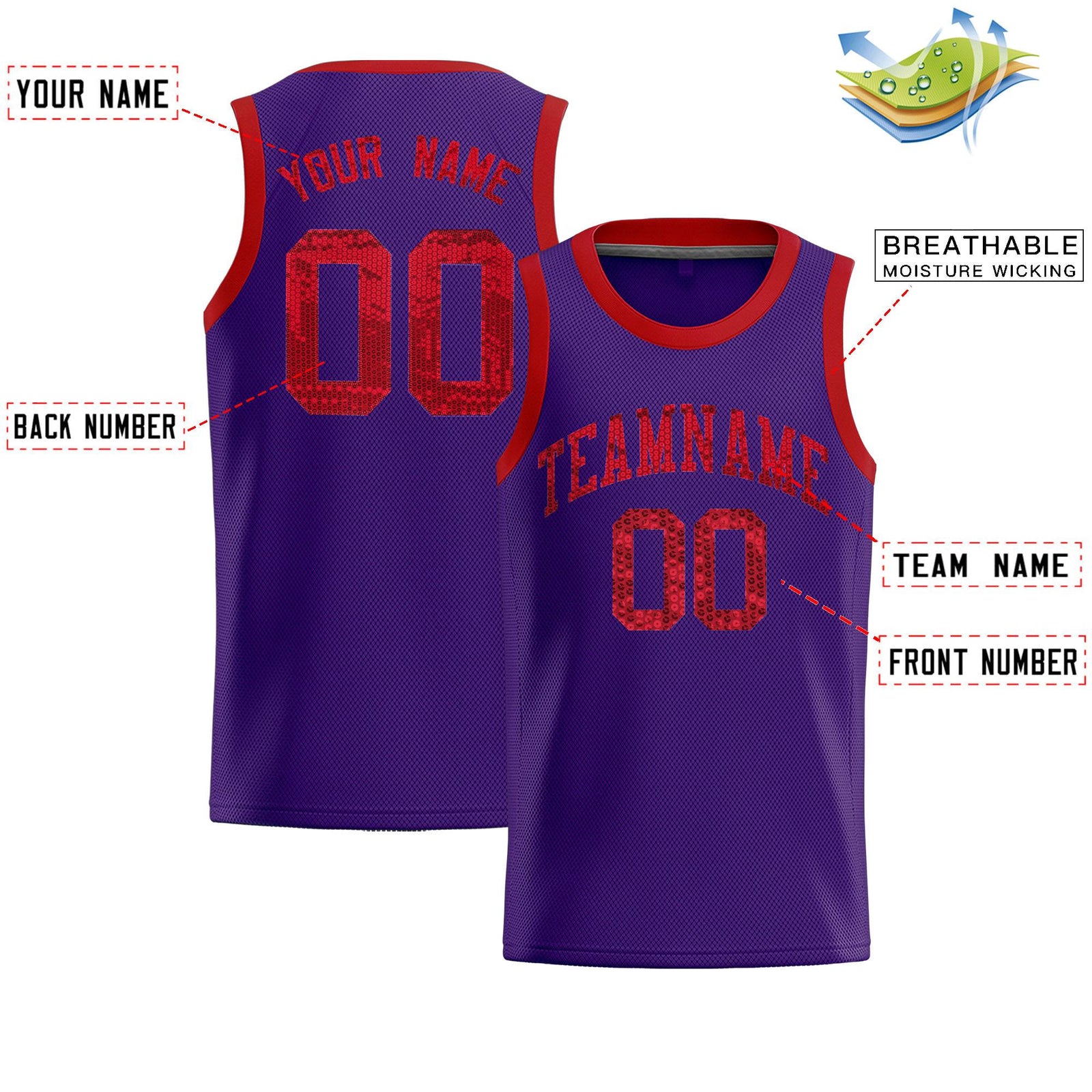 Custom Purple Sequined Tops Athletic Basketball Jersey