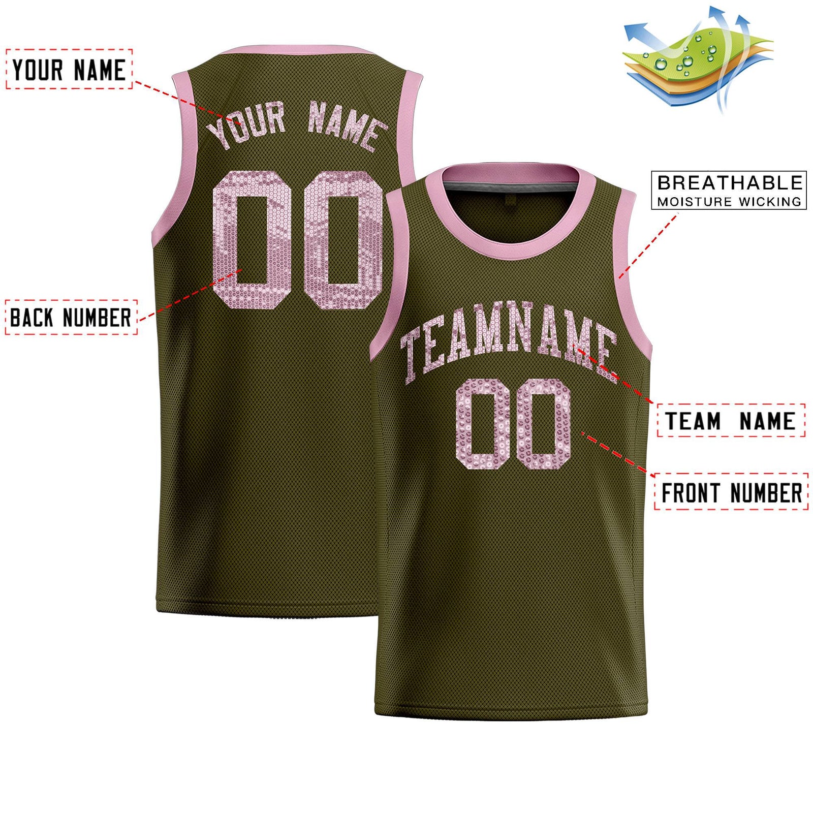 Custom Olive Sequined Tops Athletic Basketball Jersey