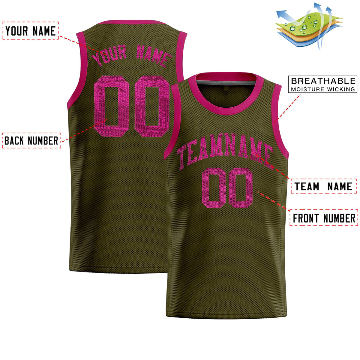 Custom Olive Sequined Tops Athletic Basketball Jersey