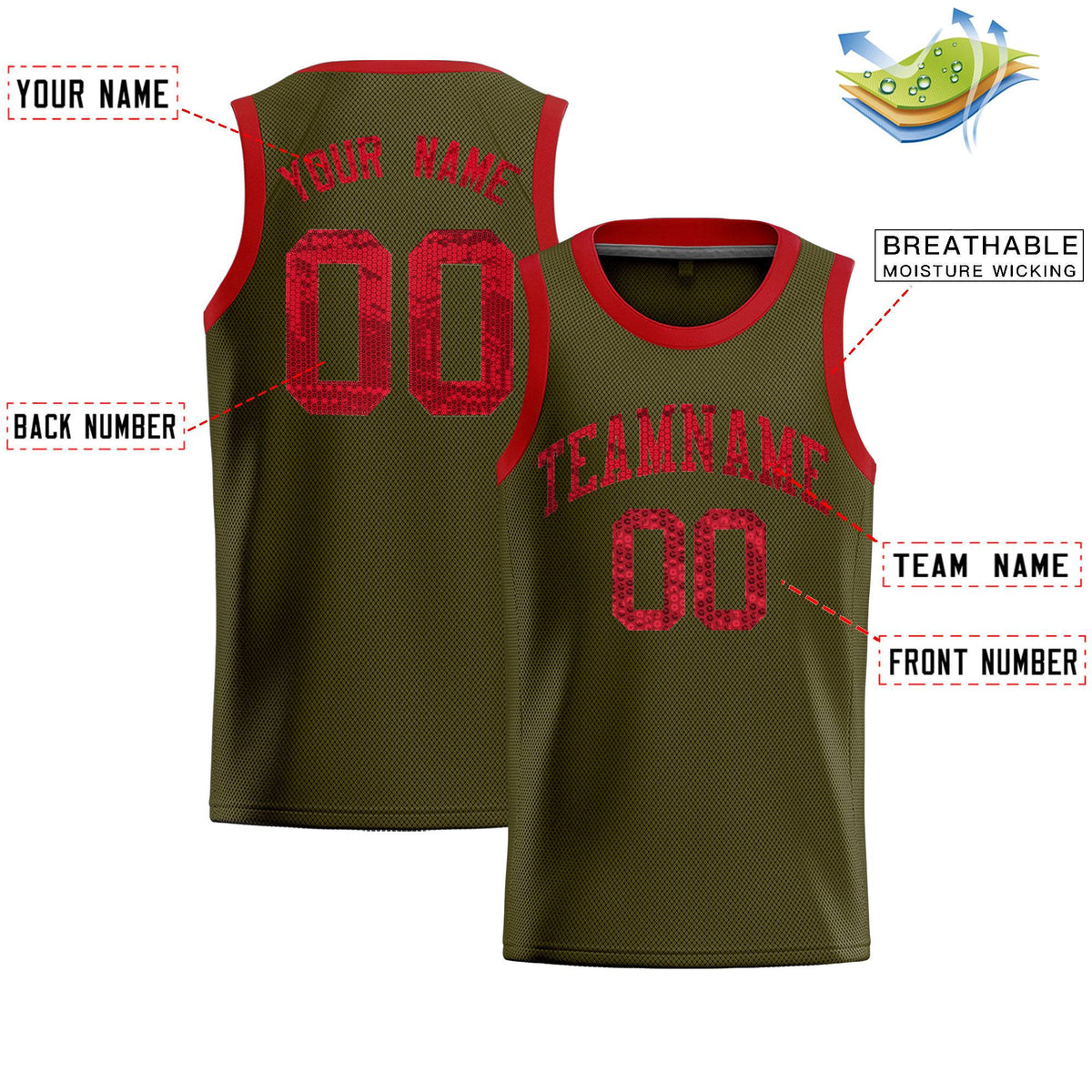 Custom Olive Sequined Tops Athletic Basketball Jersey