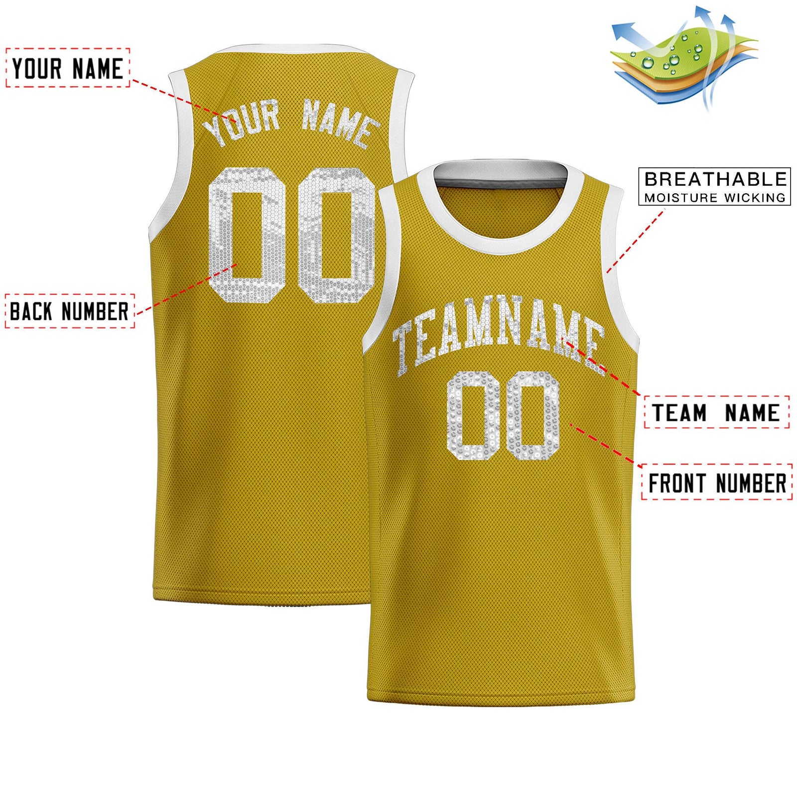 Custom Old Gold Sequined Tops Athletic Basketball Jersey