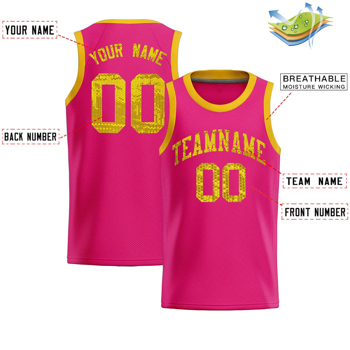 Custom Pink Sequined Tops Athletic Basketball Jersey