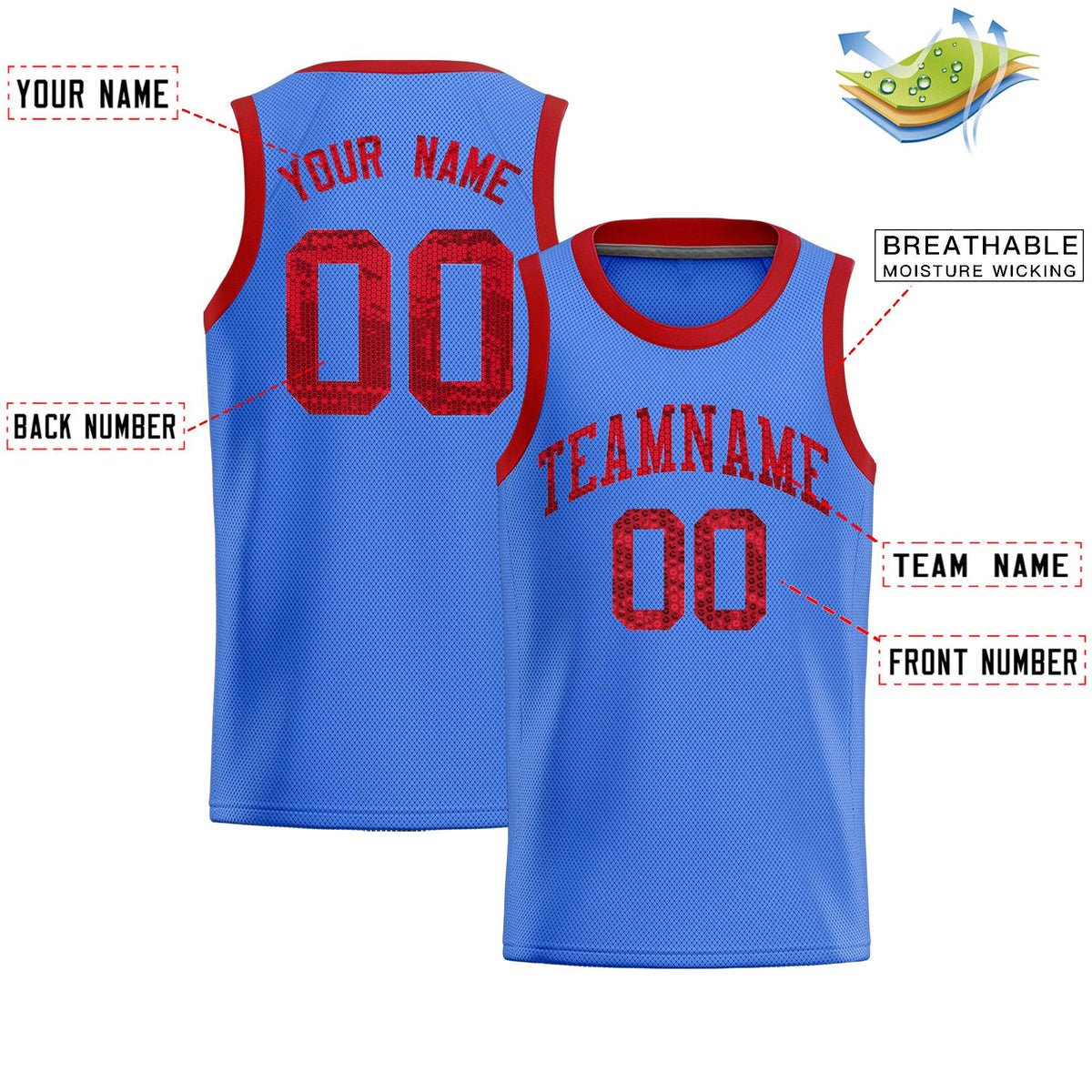 Custom Powder Blue Sequined Tops Athletic Basketball Jersey
