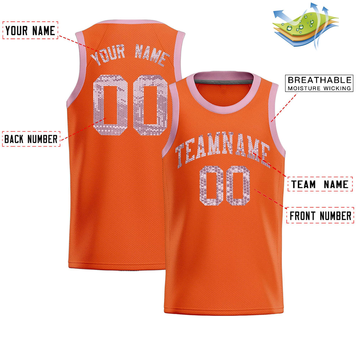 Custom Orange Sequined Tops Athletic Basketball Jersey