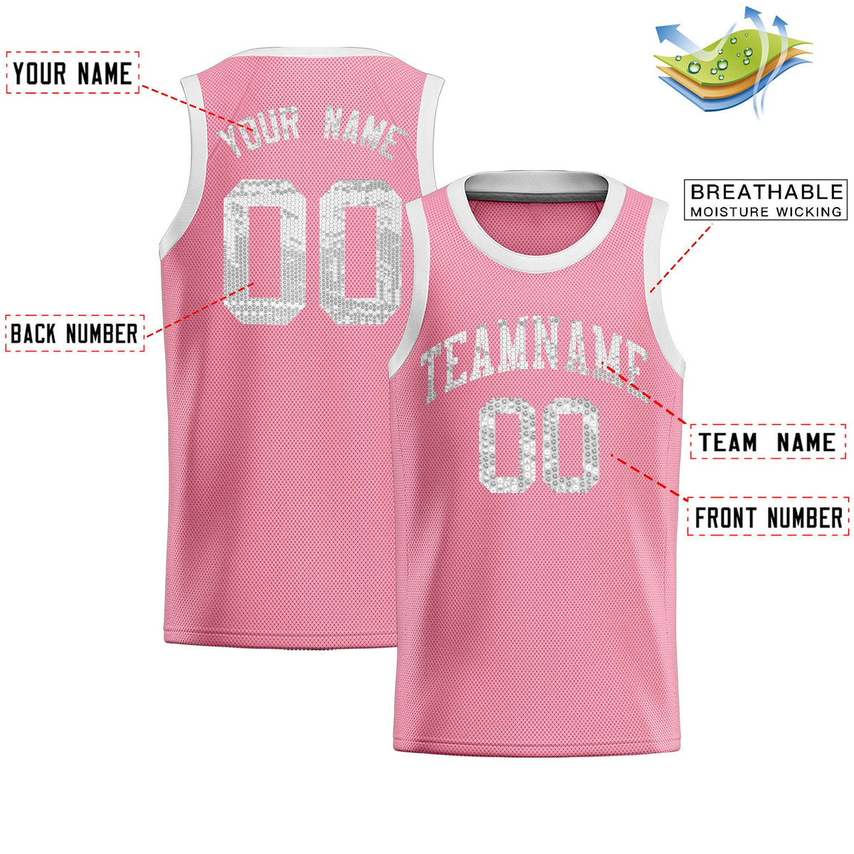 Custom Light Pink Sequined Tops Athletic Basketball Jersey