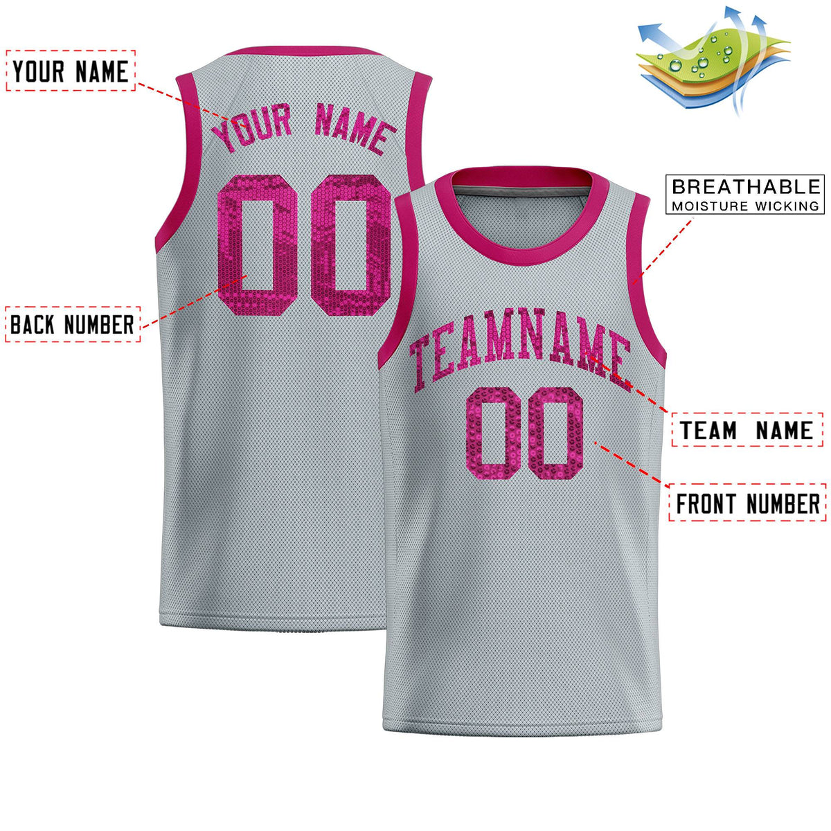 Custom Silver Sequined Tops Athletic Basketball Jersey