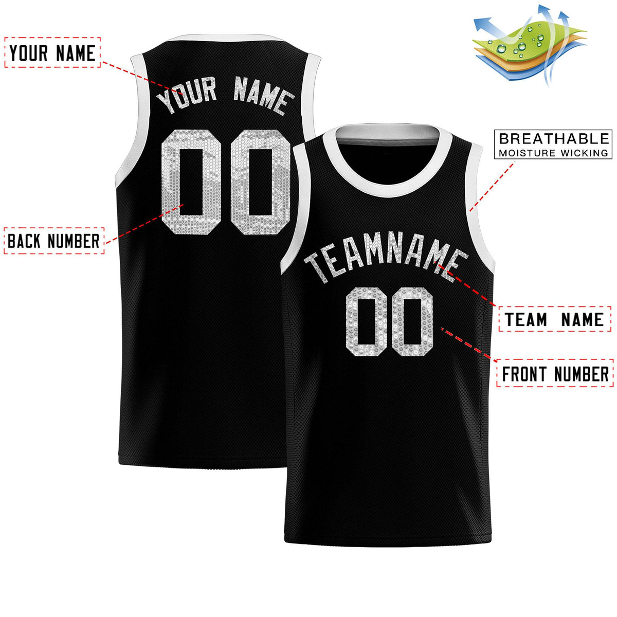 Custom Black Sequined Tops Athletic Basketball Jersey