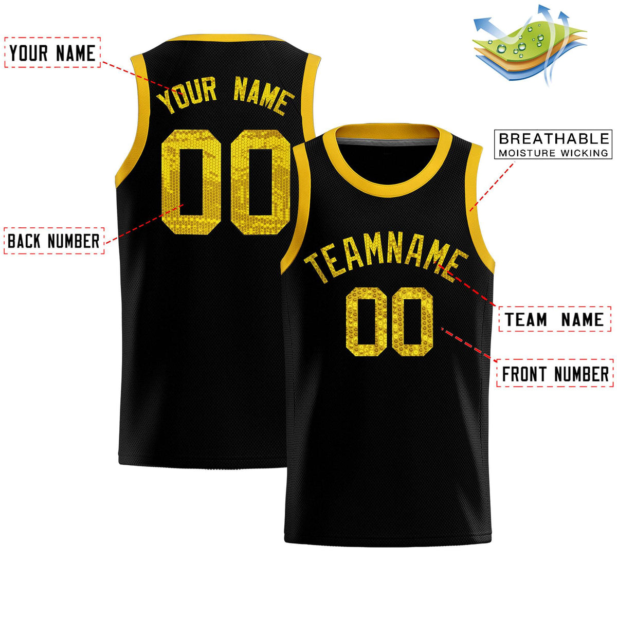 Custom Black Sequined Tops Athletic Basketball Jersey