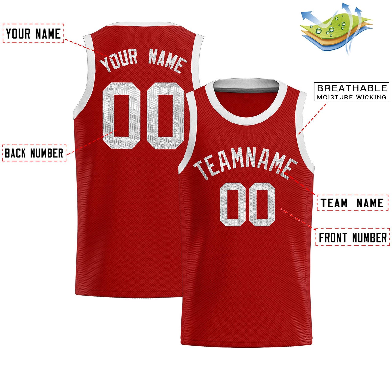 Custom Red Sequined Tops Athletic Basketball Jersey