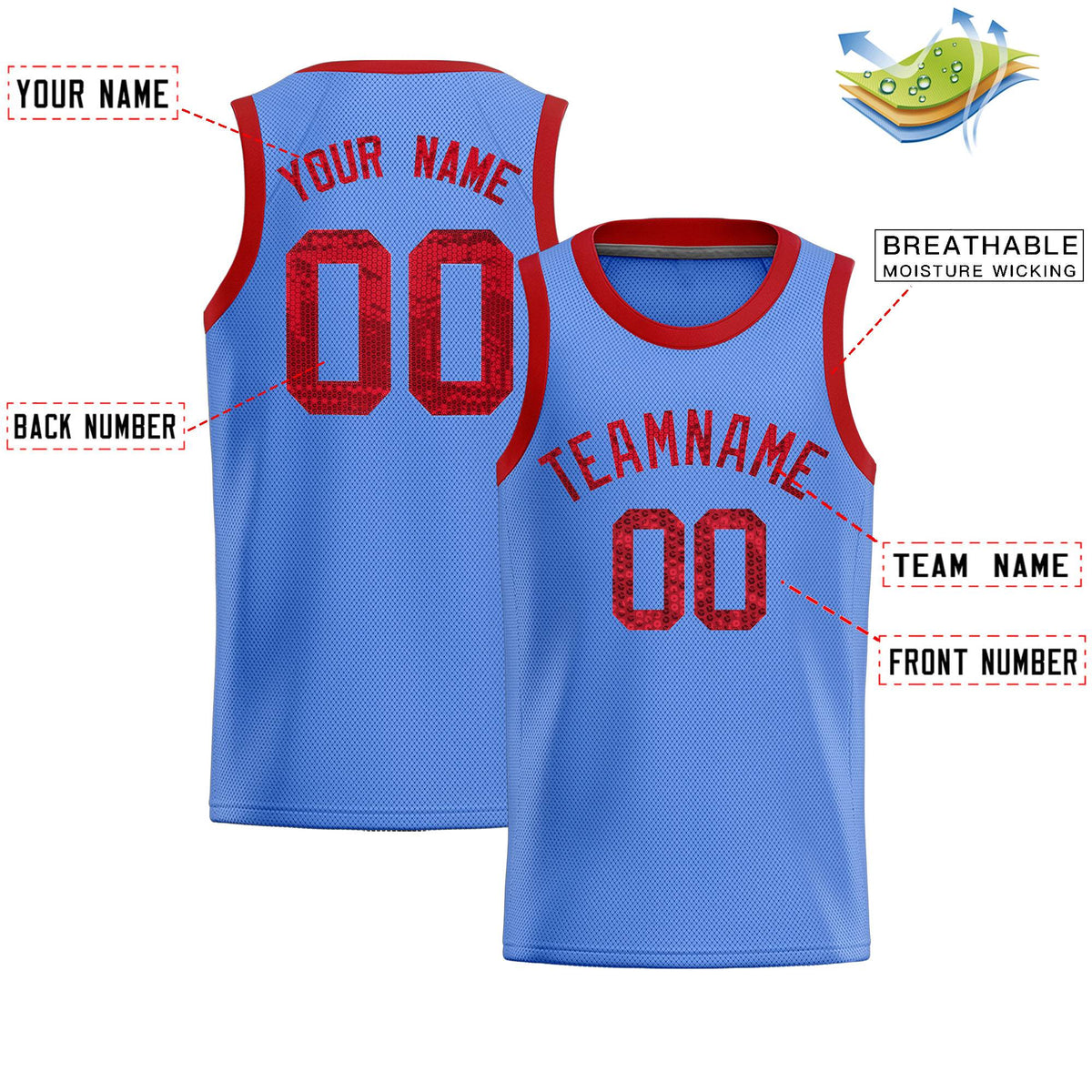 Custom Light Blue Sequined Tops Athletic Basketball Jersey