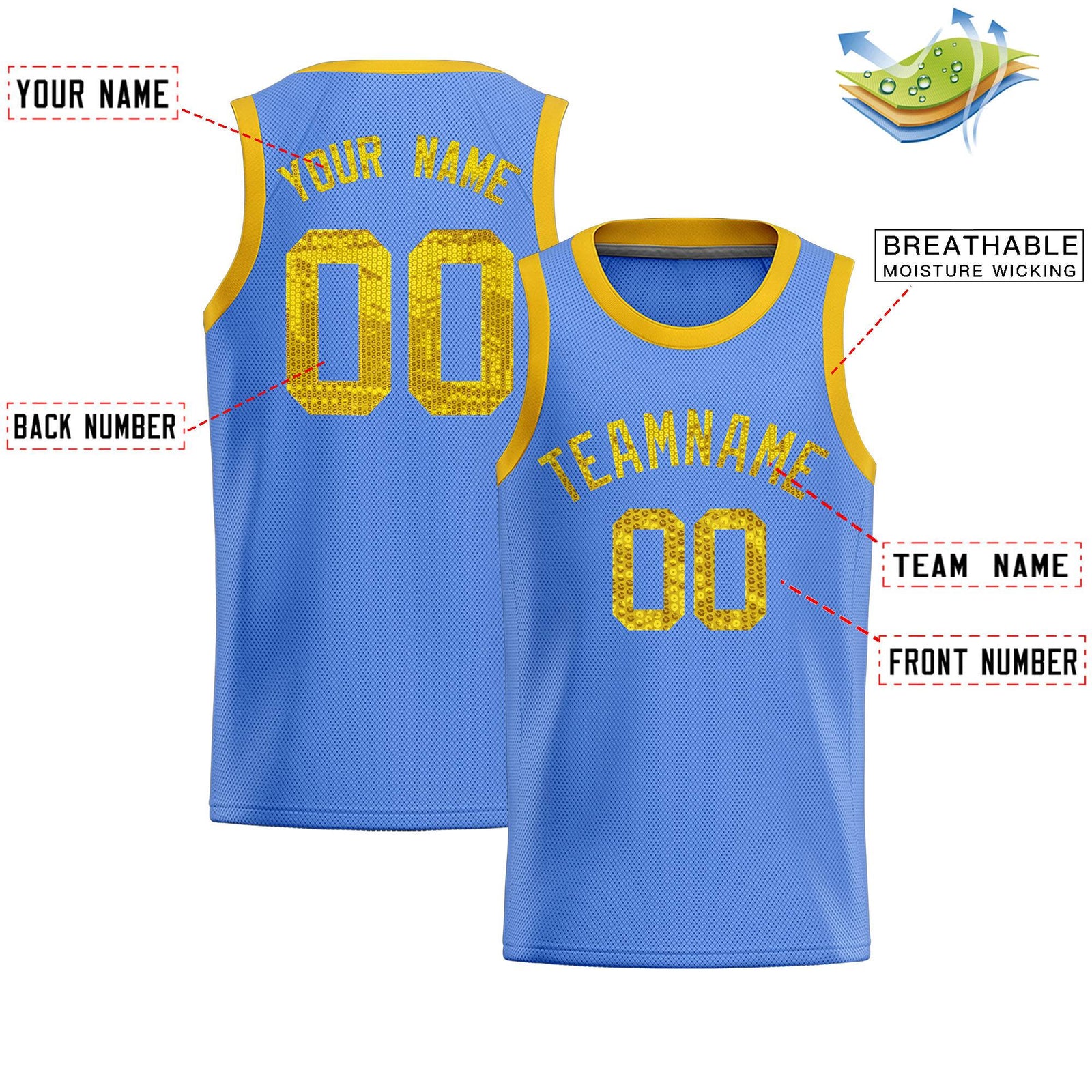 Custom Light Blue Sequined Tops Athletic Basketball Jersey