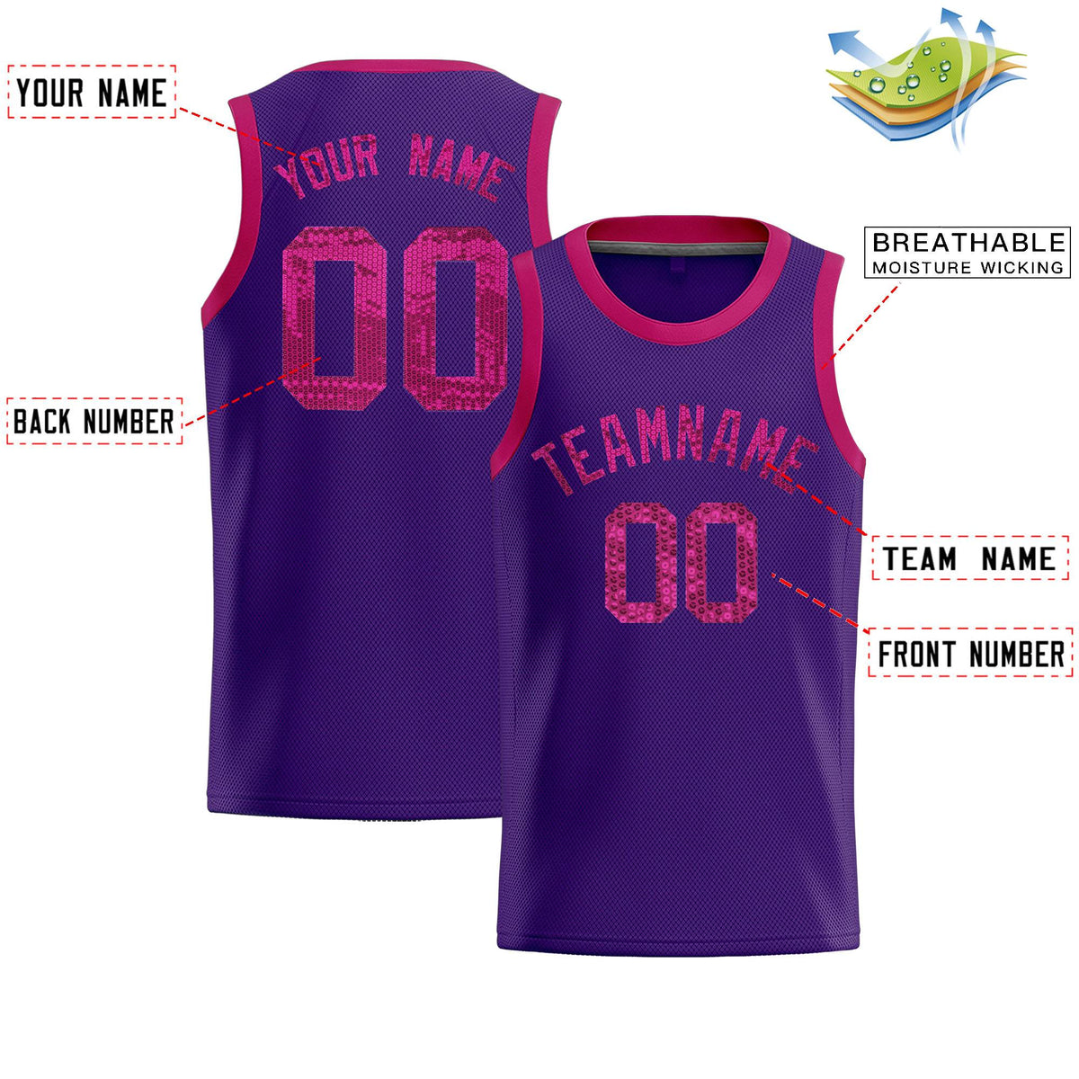 Custom Purple Sequined Tops Athletic Basketball Jersey