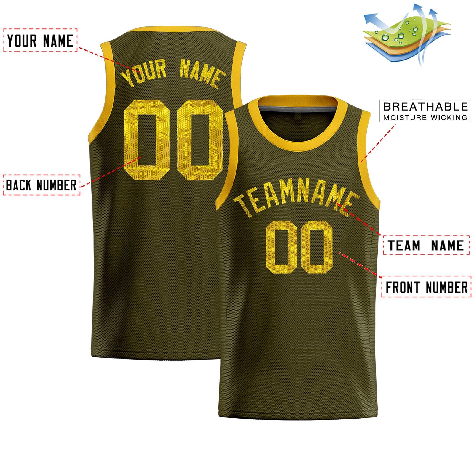 Custom Olive Sequined Tops Athletic Basketball Jersey