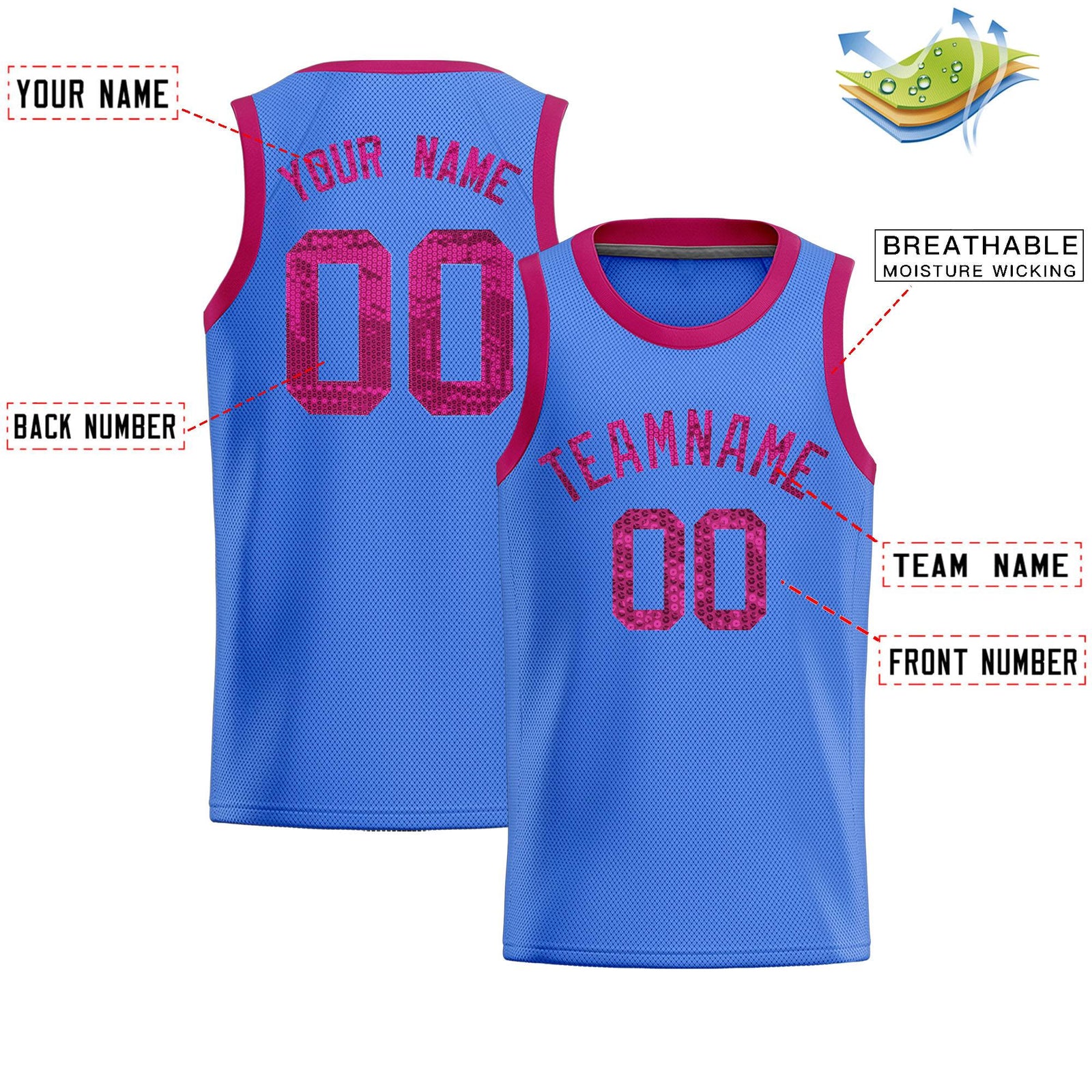 Custom Powder Blue Sequined Tops Athletic Basketball Jersey