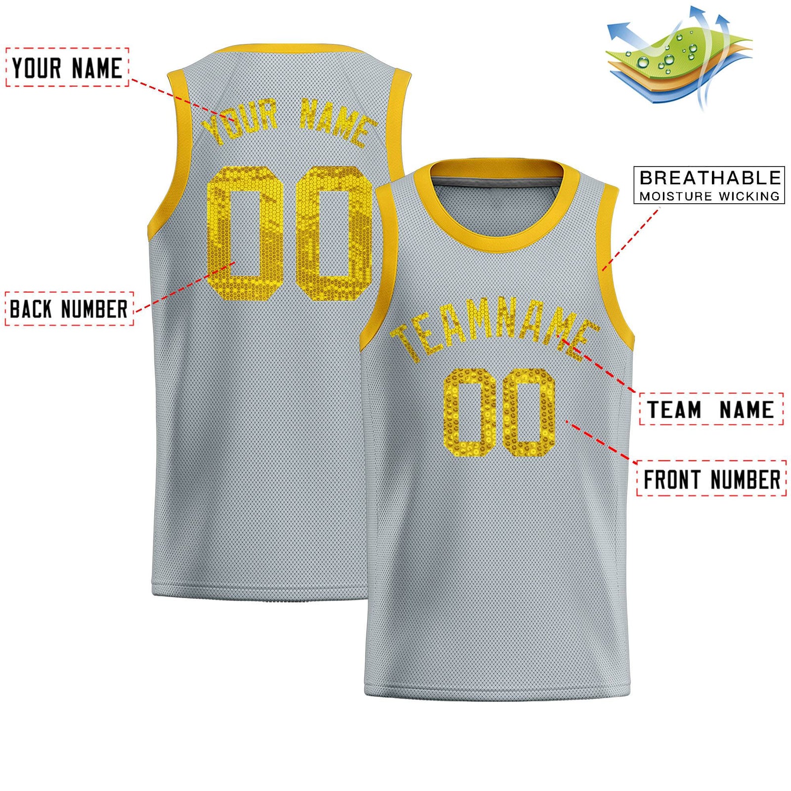 Custom Silver Sequined Tops Athletic Basketball Jersey