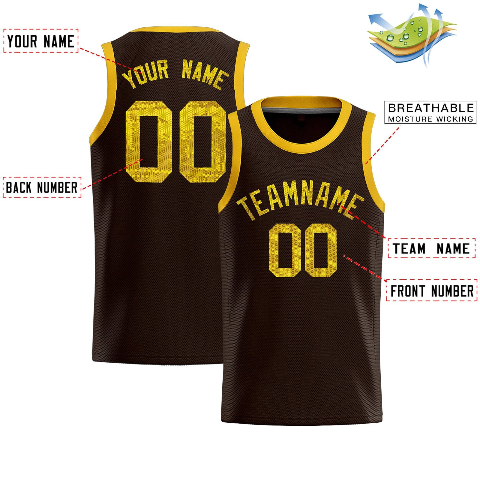 Custom Brown Sequined Tops Athletic Basketball Jersey