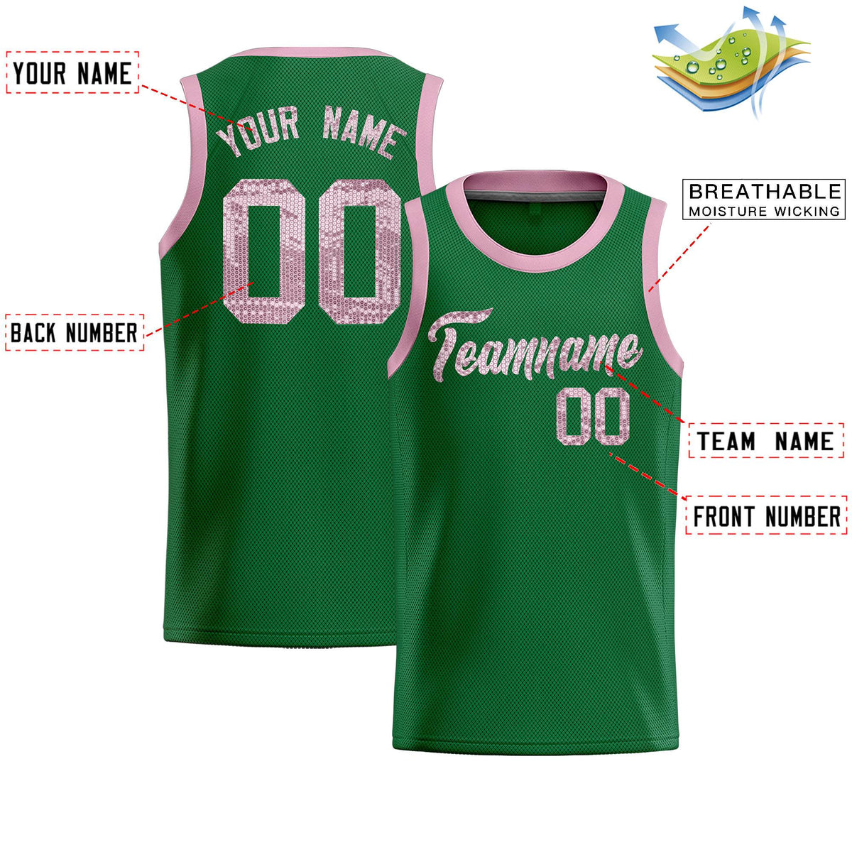 Custom Kelly Green Sequined Tops Athletic Basketball Jersey