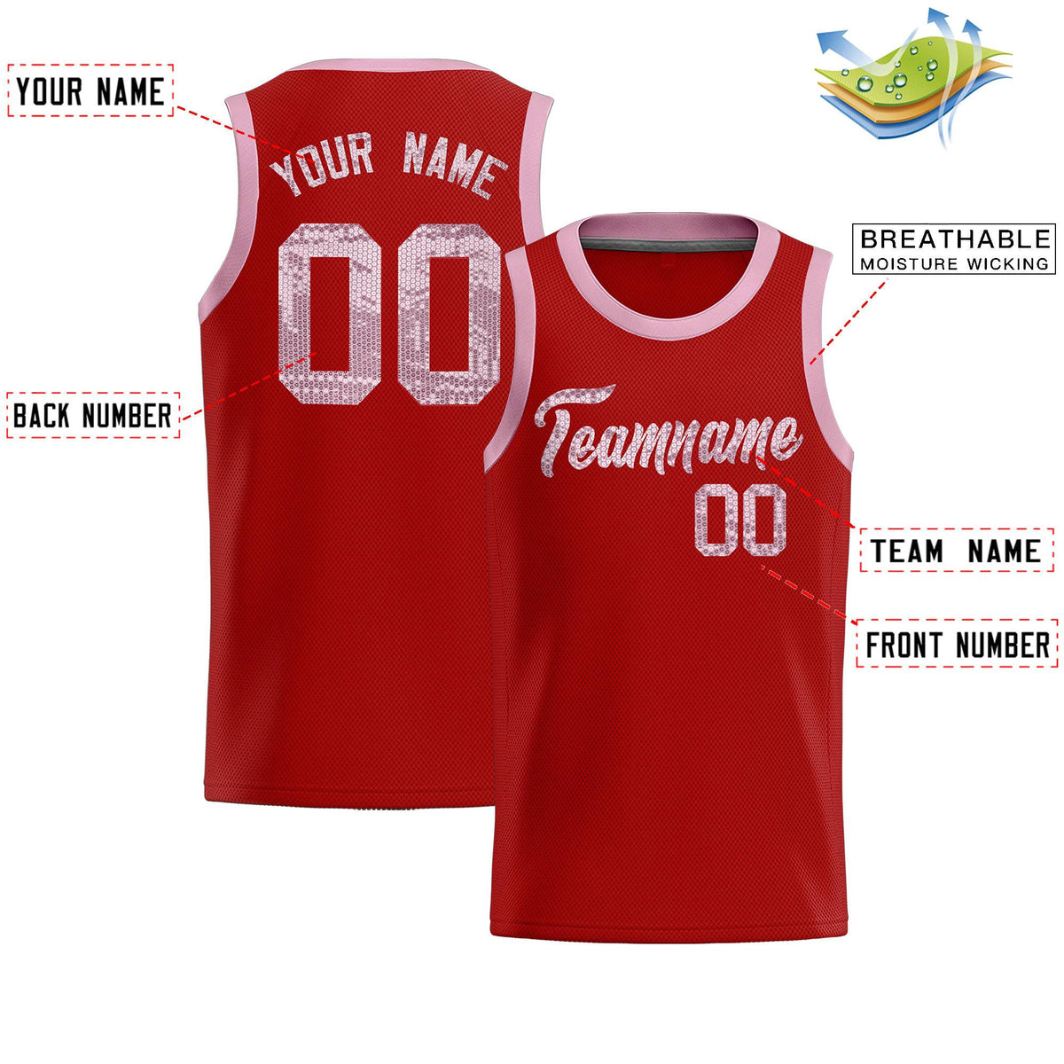 Custom Red Sequined Tops Athletic Basketball Jersey
