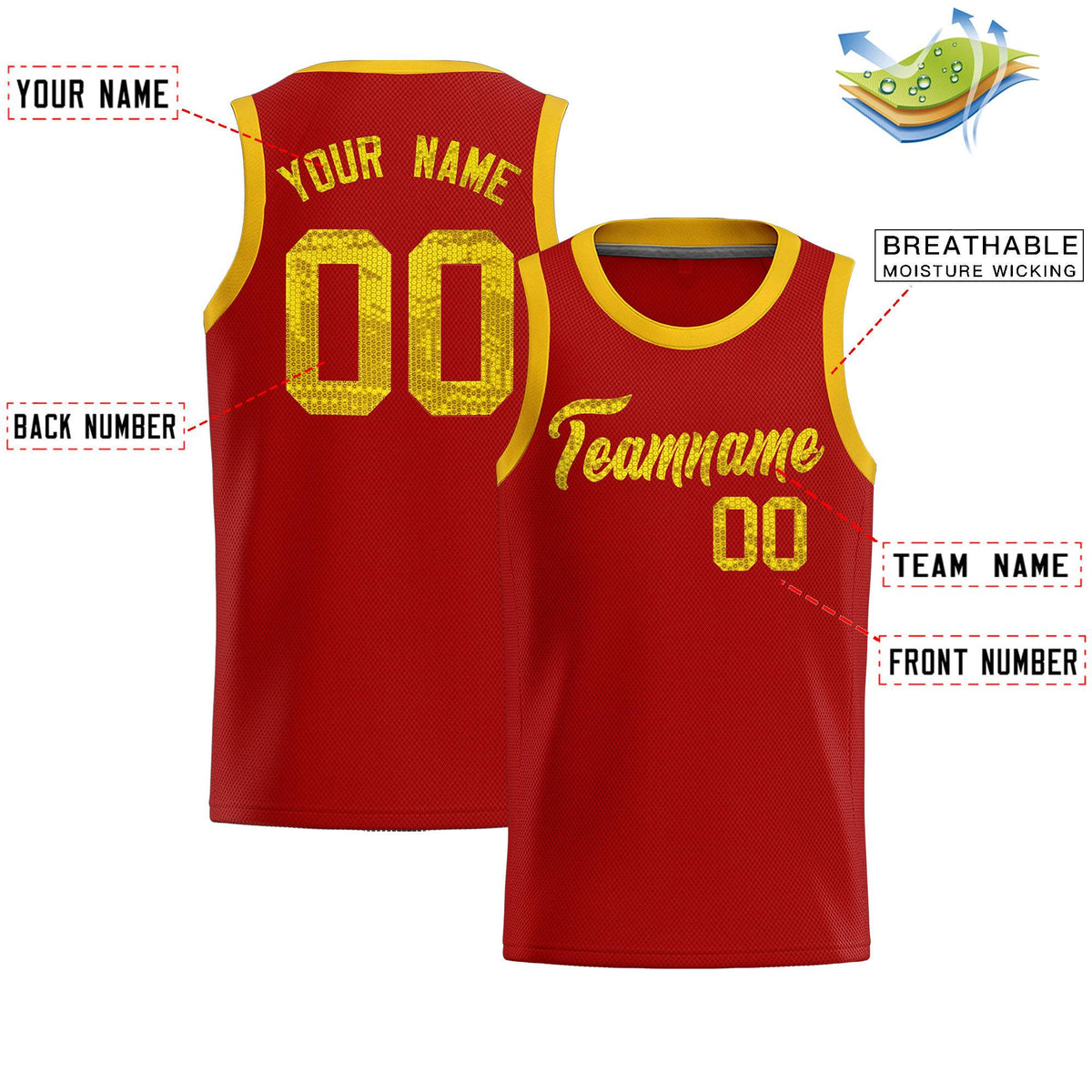 Custom Red Sequined Tops Athletic Basketball Jersey