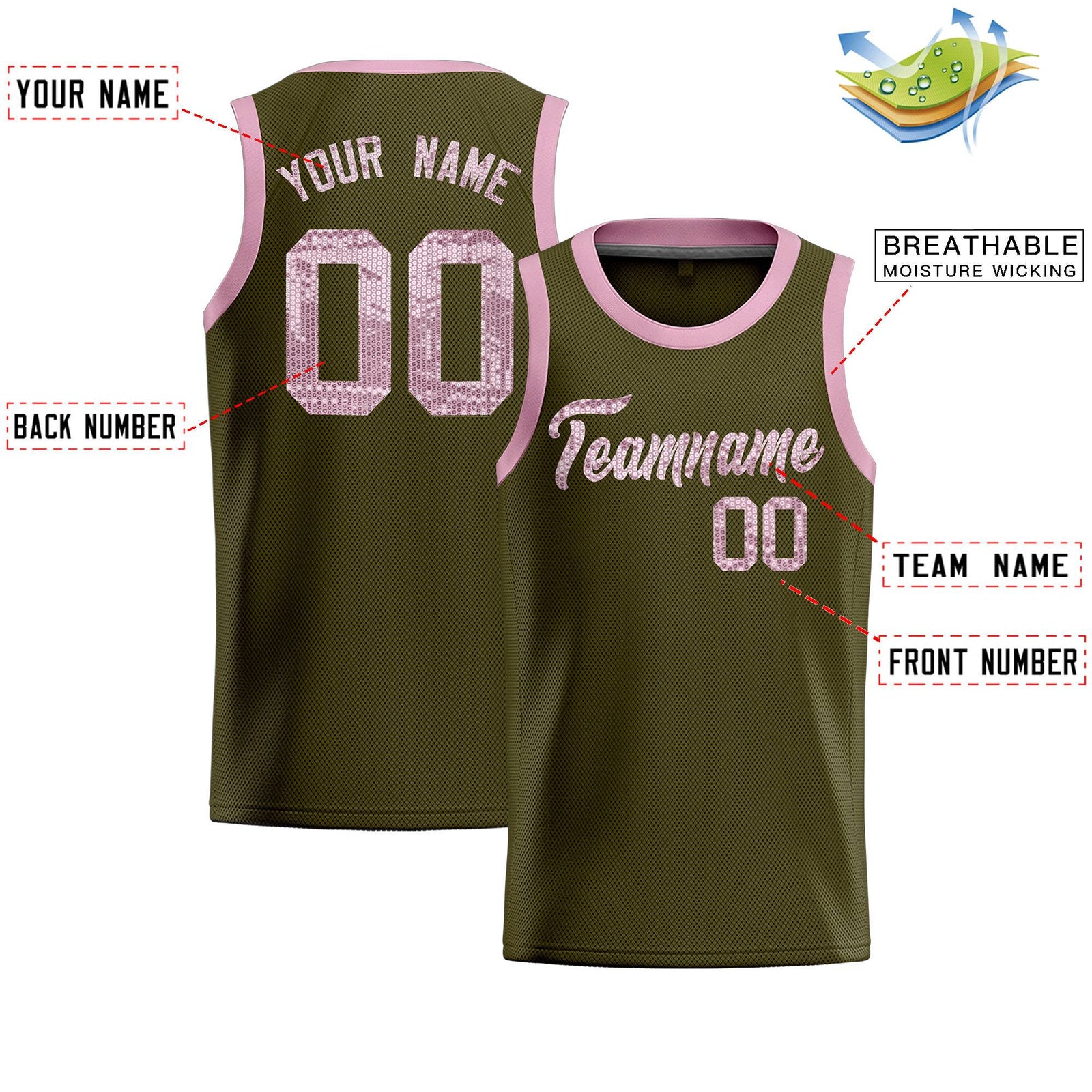 Custom Olive Sequined Tops Athletic Basketball Jersey