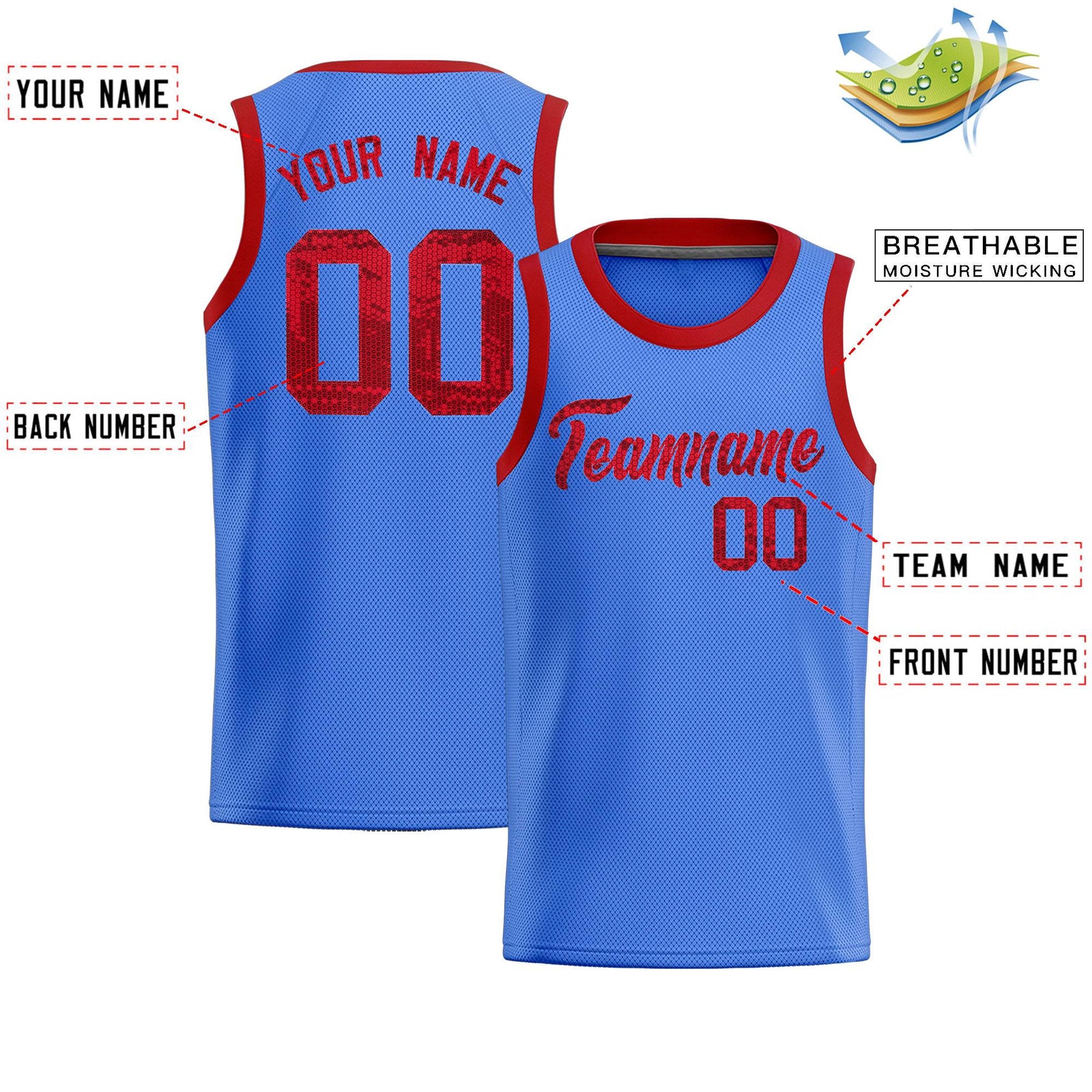 Custom Powder Blue Sequined Tops Athletic Basketball Jersey