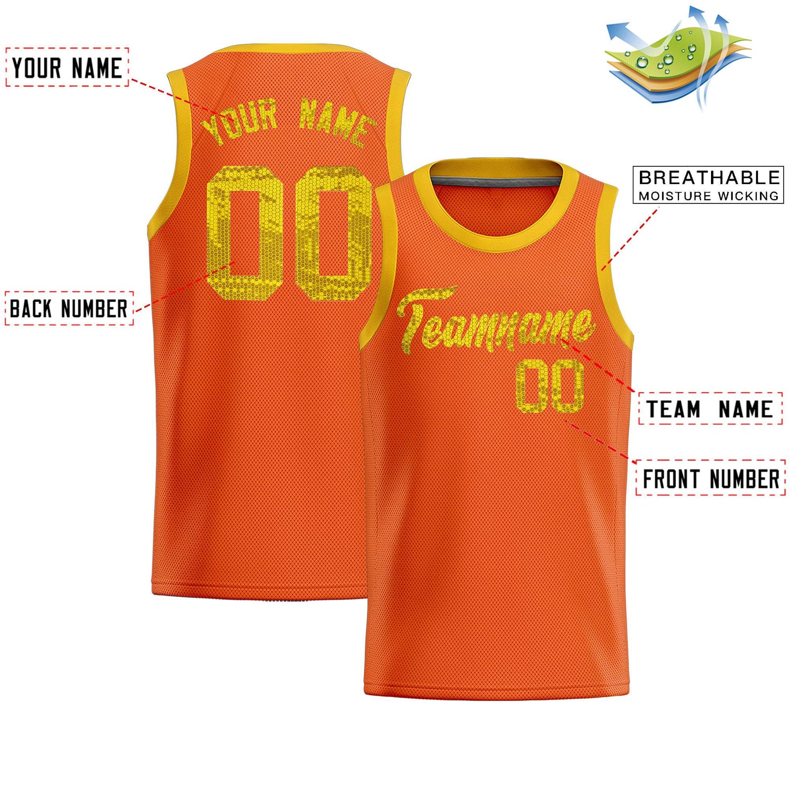 Custom Orange Sequined Tops Athletic Basketball Jersey