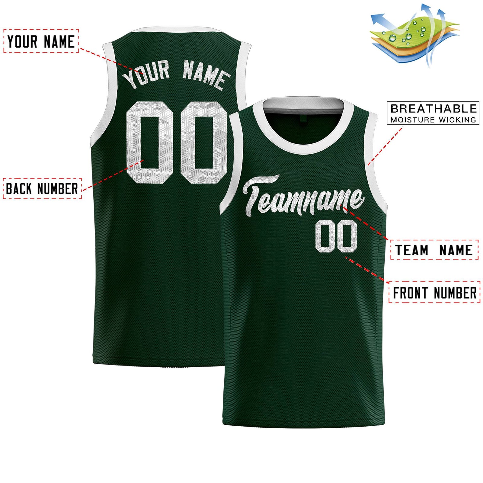 Custom Hunter Green Sequined Tops Athletic Basketball Jersey