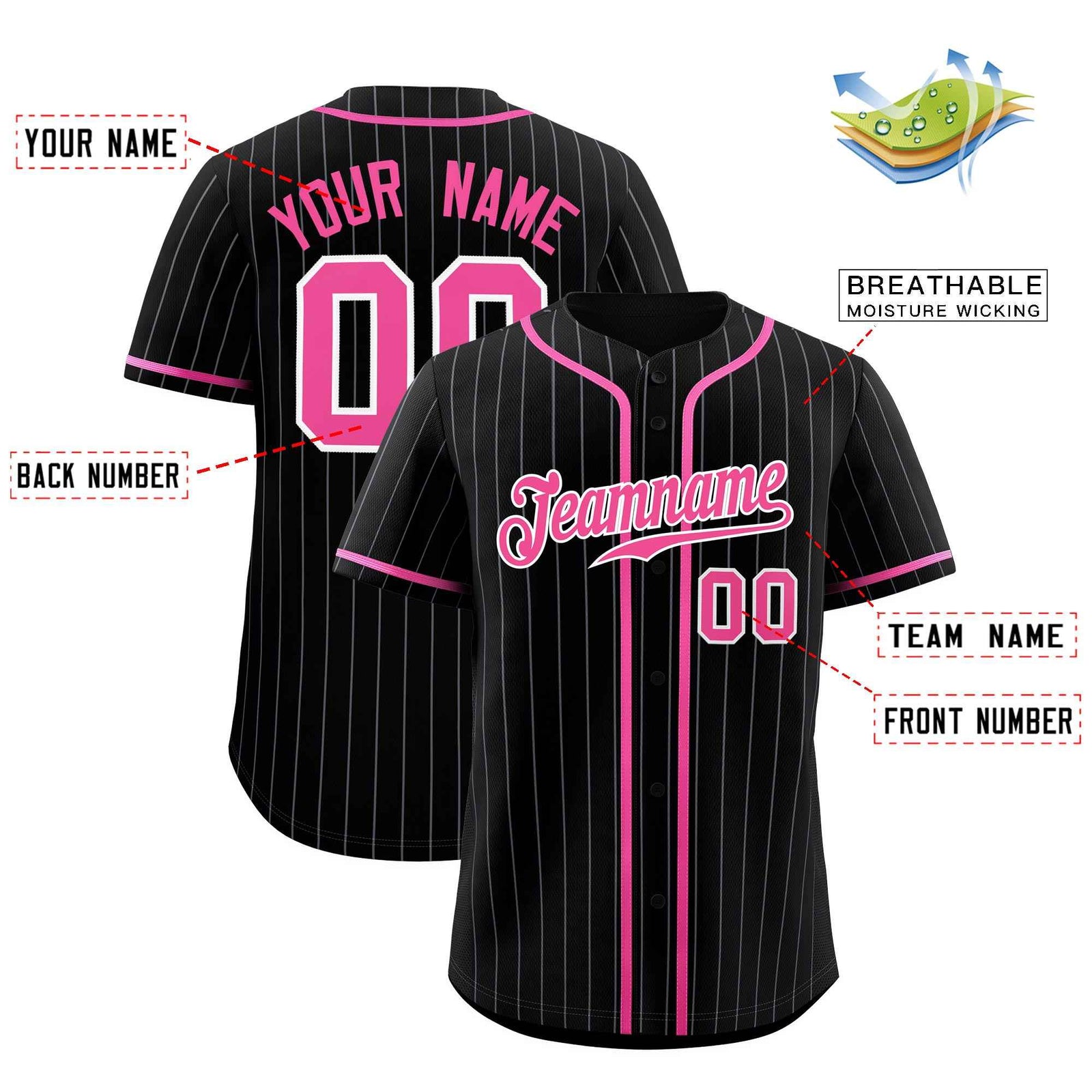 Custom Black Pink Pinstripe Authentic Baseball Jersey