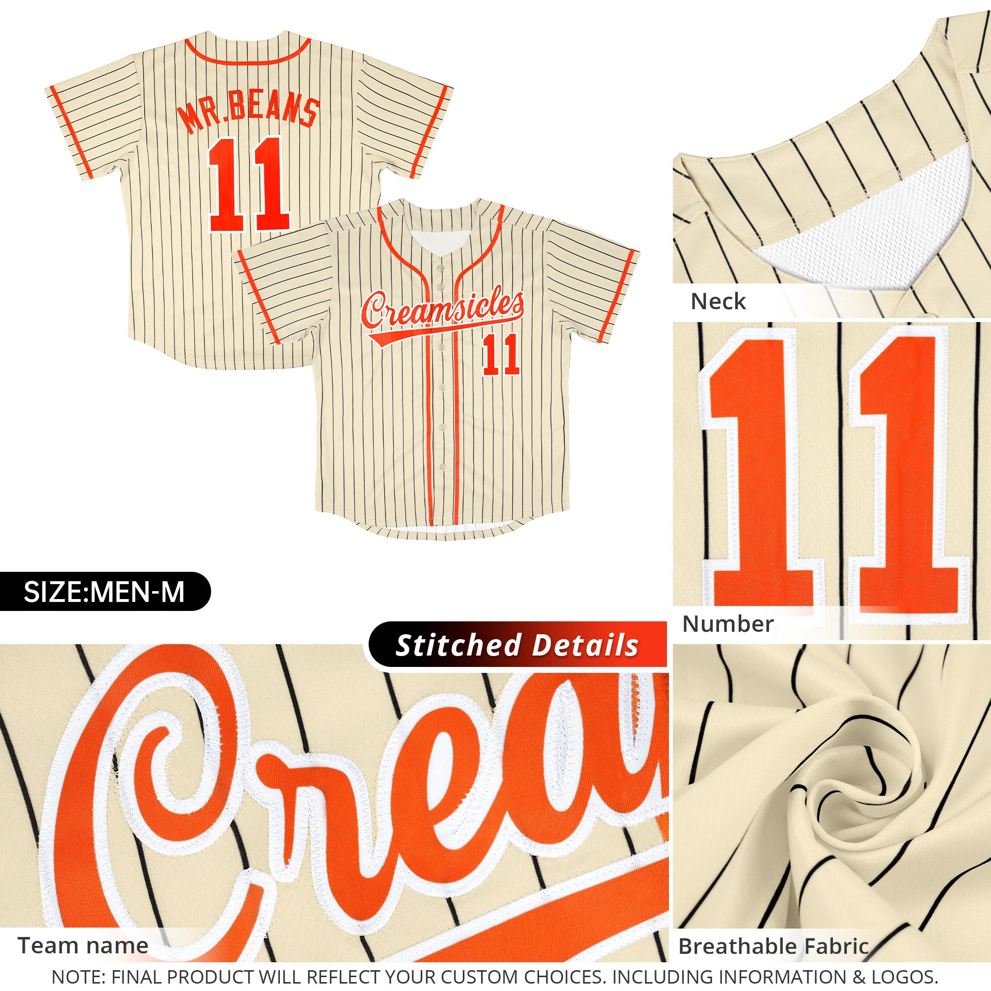 Custom Cream Orange-Black Stripe Fashion Design Full Button Authentic Baseball Jersey