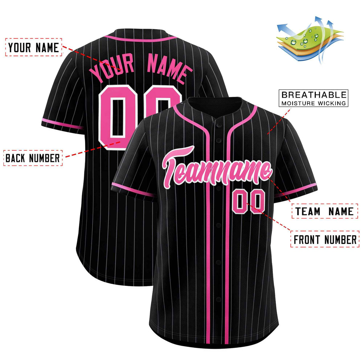 Custom Black Pink Pinstripe Authentic Baseball Jersey
