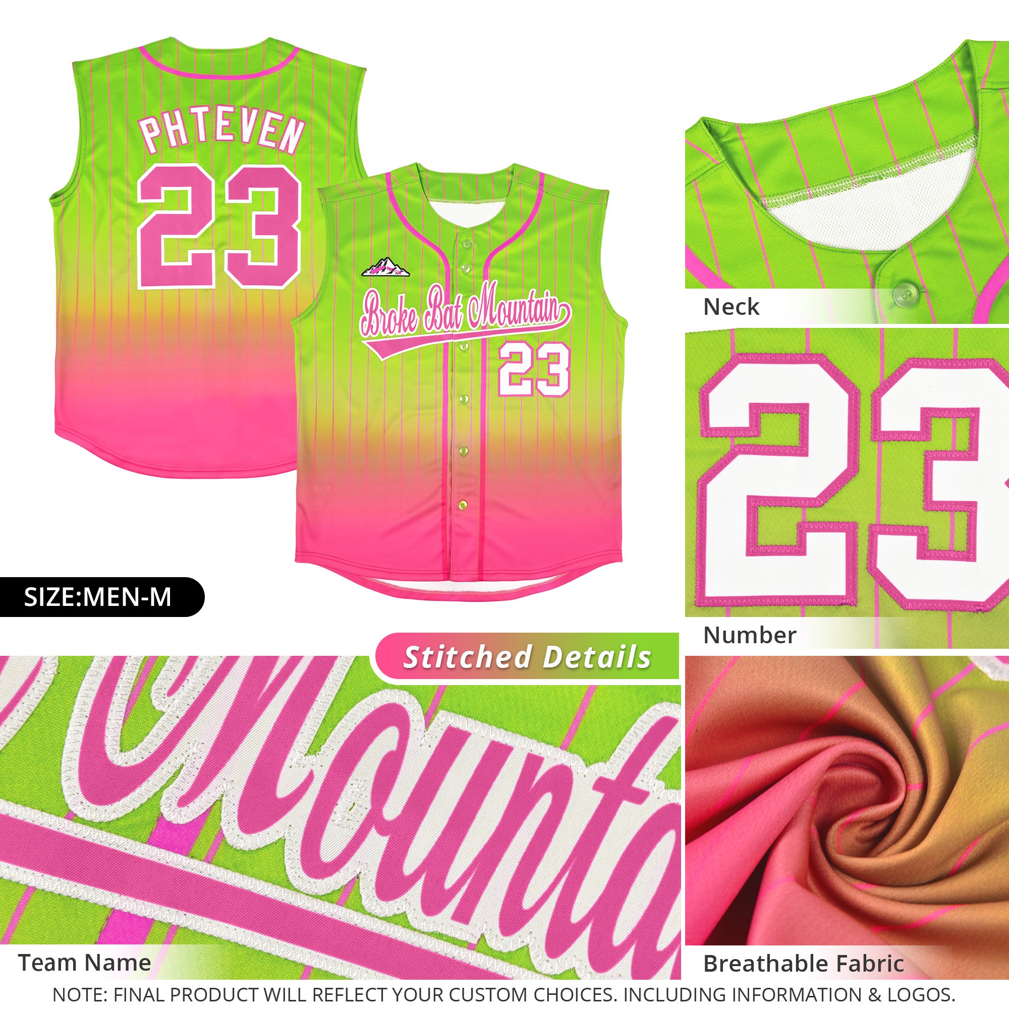 Custom Neon Green Pink Gradient stripe Fashion Authentic Sleeveless Baseball Jersey