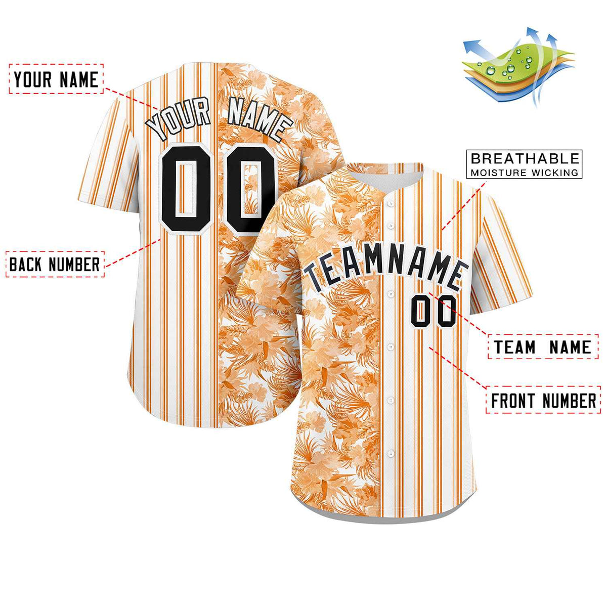 Custom Orange White-Black Hawaii Tropical Flower Stripe Fashion Baseball Jersey