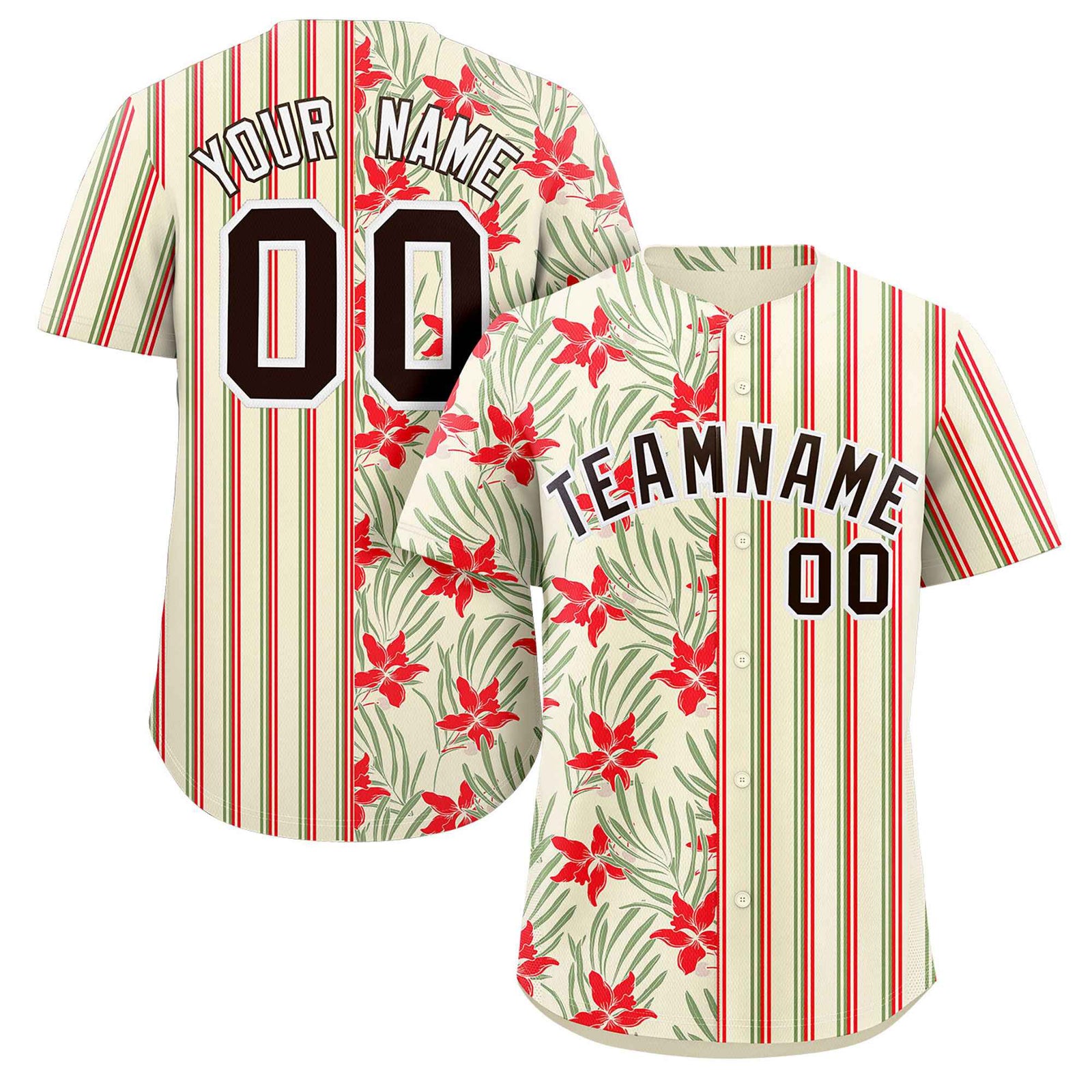 Custom Khaki Red-Green Hawaii Tropical Flower Stripe Fashion Baseball Jersey