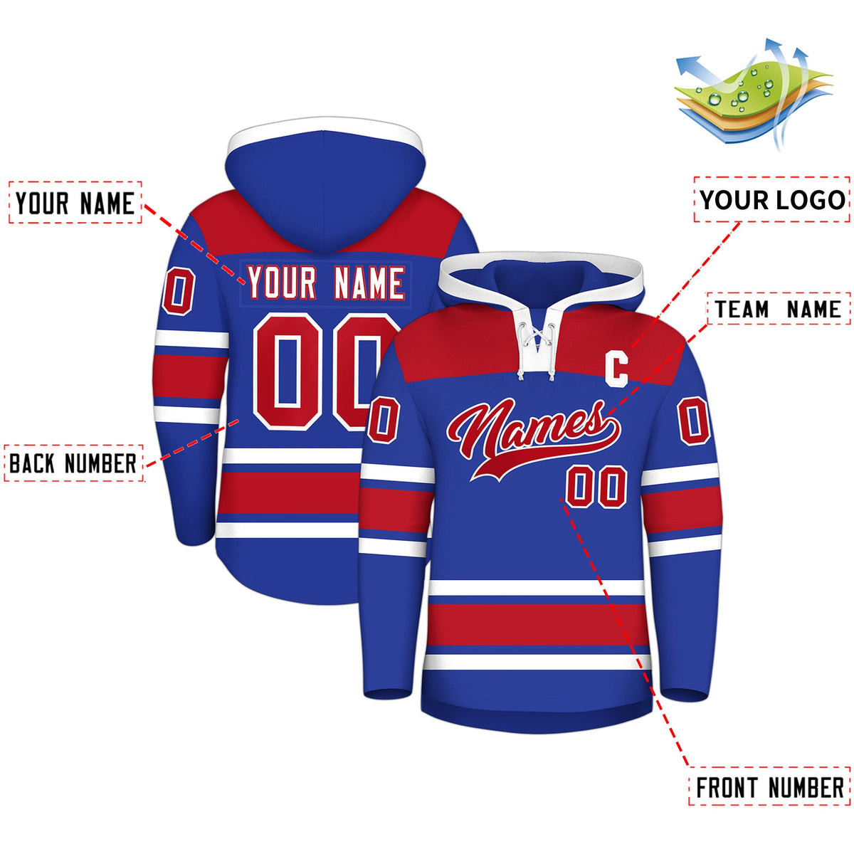 Custom Hockey Hoodie Jersey Royal Blue Red Raglan Sleeves Lace-Up Neck Personal Name & Number & Logo