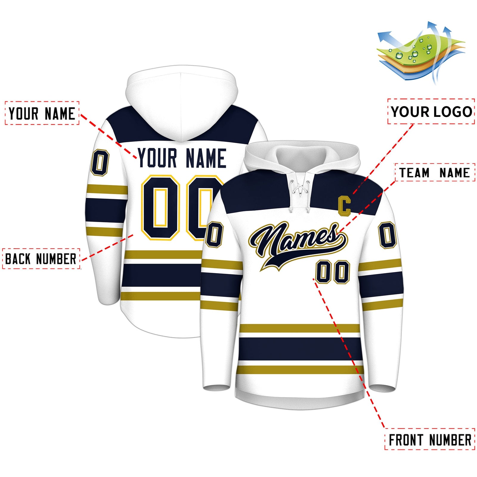 Custom Hockey Hoodie Jersey White Navy Raglan Sleeves Lace-Up Neck Personal Name & Number & Logo
