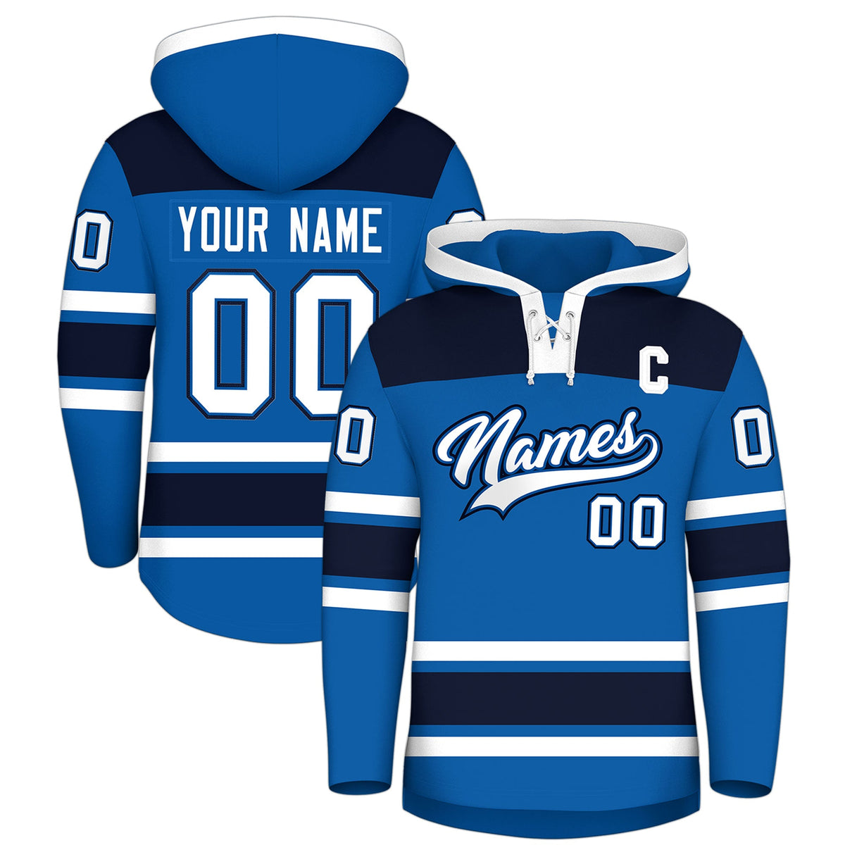 Custom Hockey Hoodie Jersey Royal Navy Raglan Sleeves Lace-Up Neck Personal Name & Number & Logo