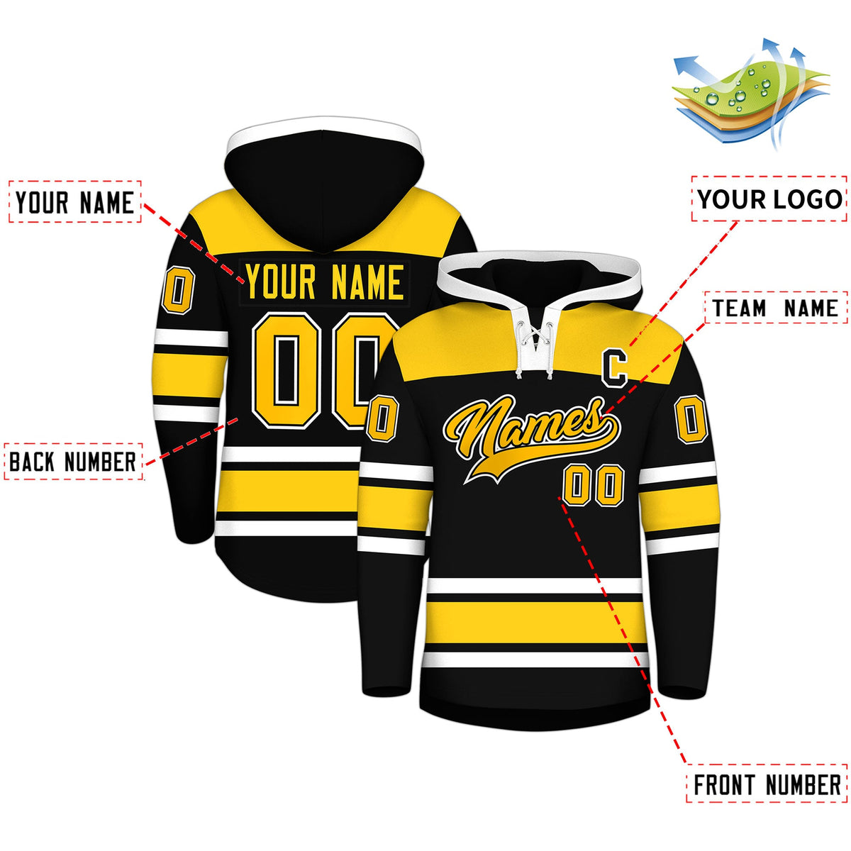 Custom Hockey Hoodie Jersey Black Gold Raglan Sleeves Lace-Up Neck Personalized Jersey for Men & Youth