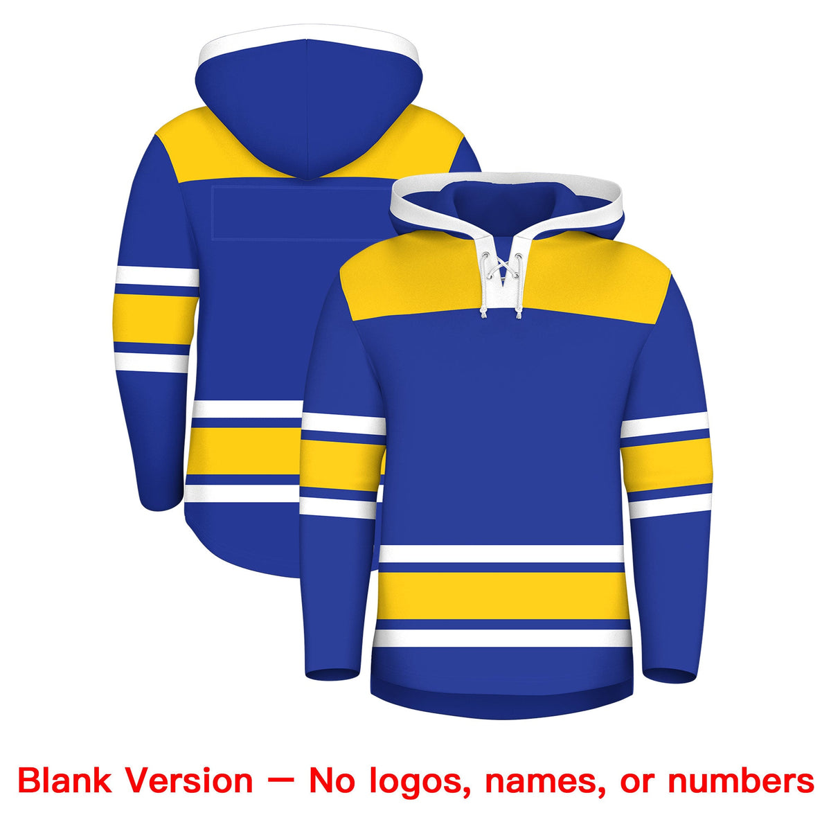 Custom Hockey Hoodie Jersey Royal Blue Gold Raglan Sleeves Lace-Up Neck Personal Name & Number & Logo
