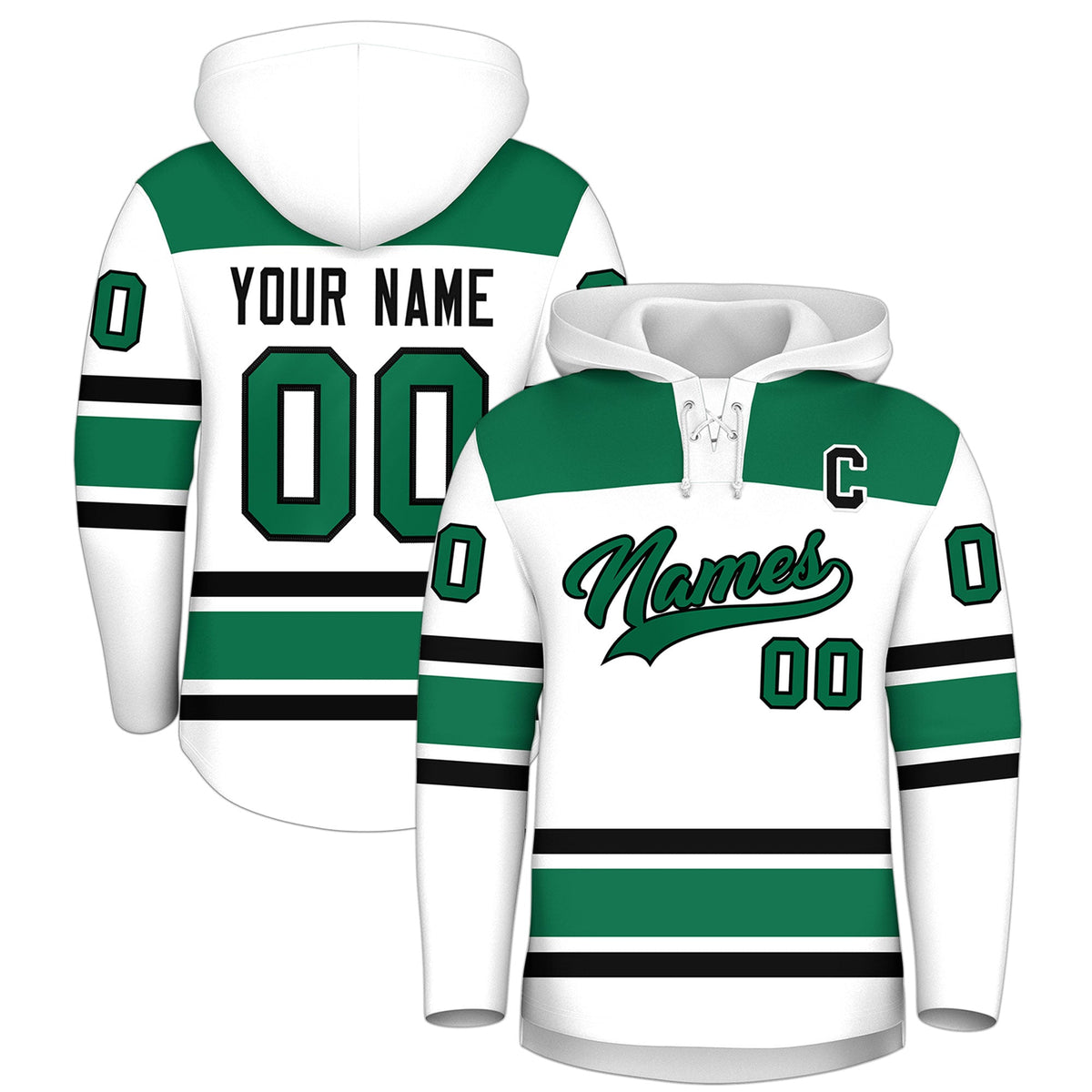 Custom Hockey Hoodie Jersey White Kelly Green Raglan Sleeves Lace-Up Neck Personalized Jersey for Men & Youth